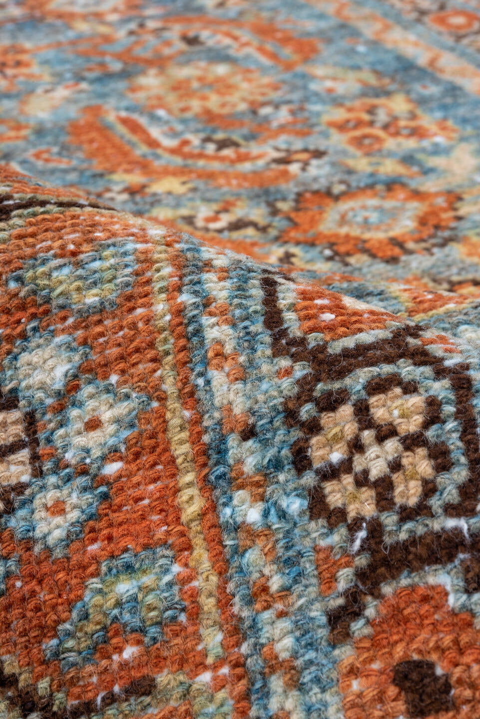 3' x 9' one-of-a-kind handmade vintage Malayer runner rug. Color palette: light blue, rust, ivory, navy, camel, charcoal