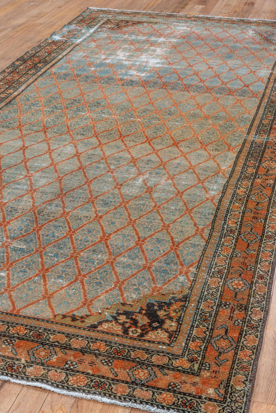 4' x 10' one-of-a-kind handmade vintage Malayer runner rug. Color palette: pale blue, rust, ivory, charcoal, taupe, camel