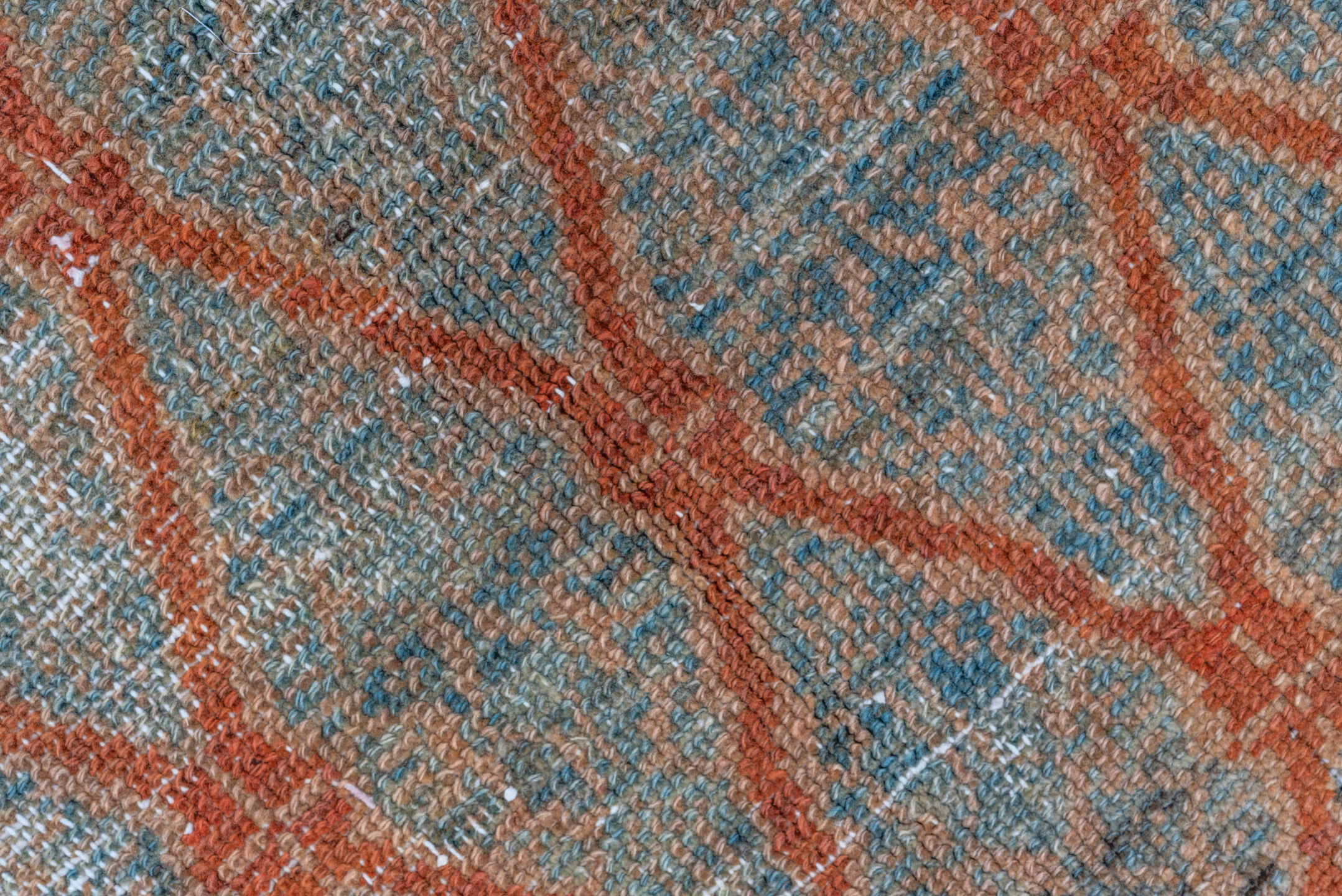 4' x 10' one-of-a-kind handmade vintage Malayer runner rug. Color palette: brown, pink, gray, light gray, blue, black