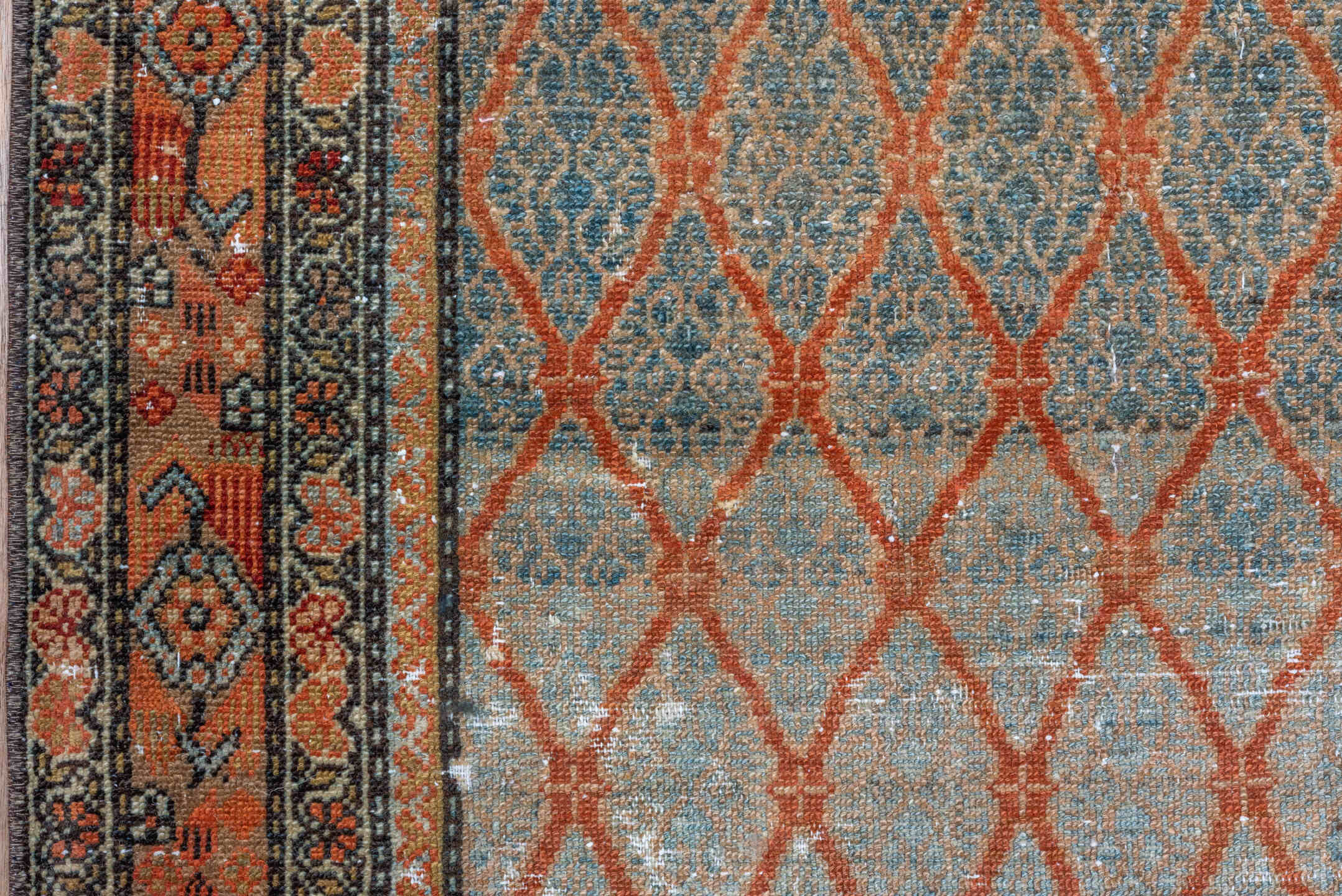 4' x 10' one-of-a-kind handmade vintage Malayer runner rug. Color palette: pale blue, rust, ivory, charcoal, taupe, camel