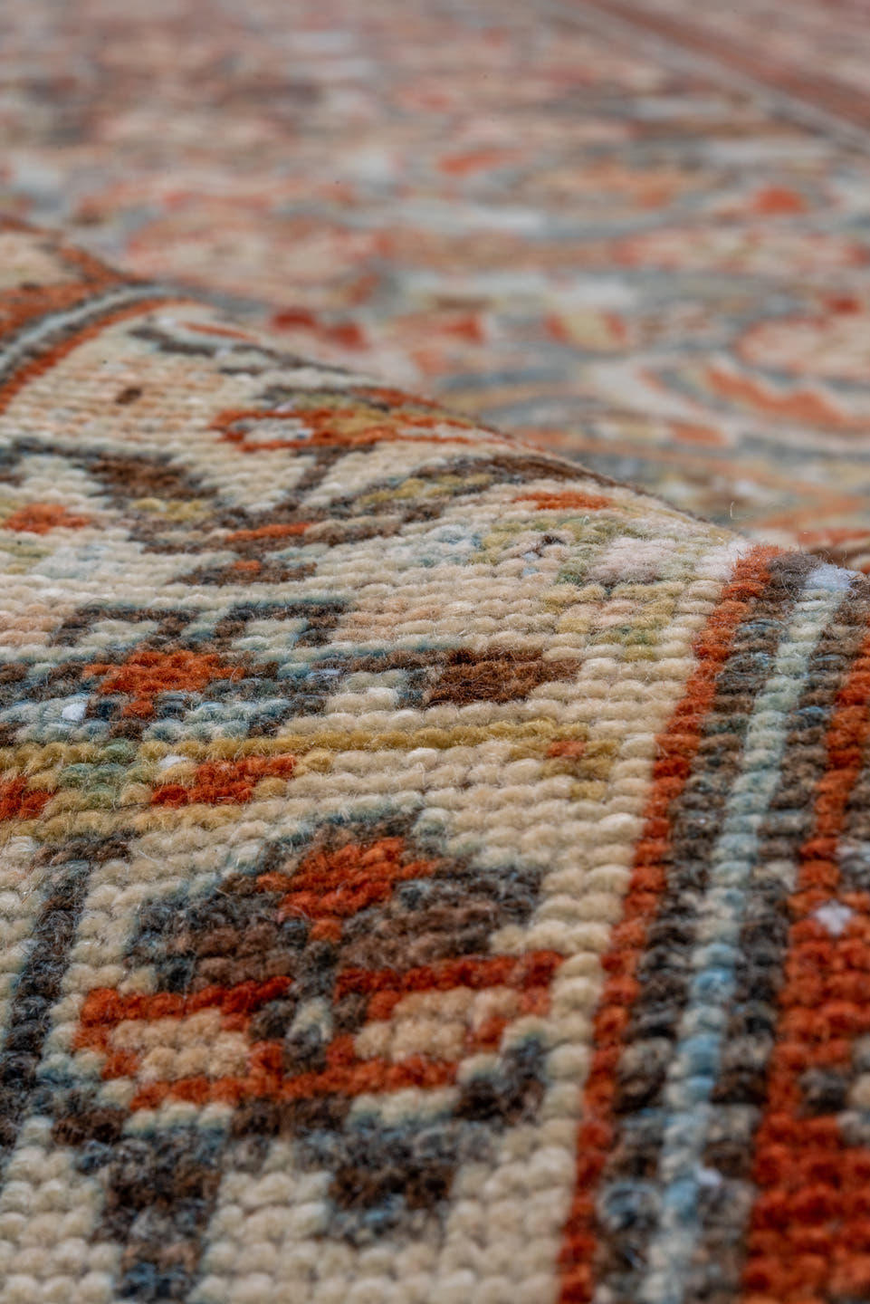 3' x 17' one-of-a-kind handmade vintage Malayer runner rug. Color palette: light blue, ivory, rust, navy, camel, brown