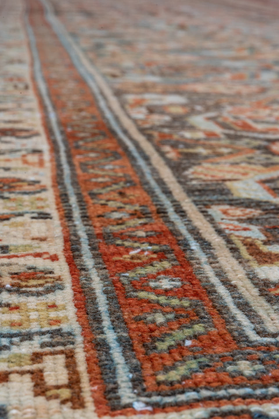 3' x 17' one-of-a-kind handmade vintage Malayer runner rug. Color palette: light blue, ivory, rust, navy, camel, brown