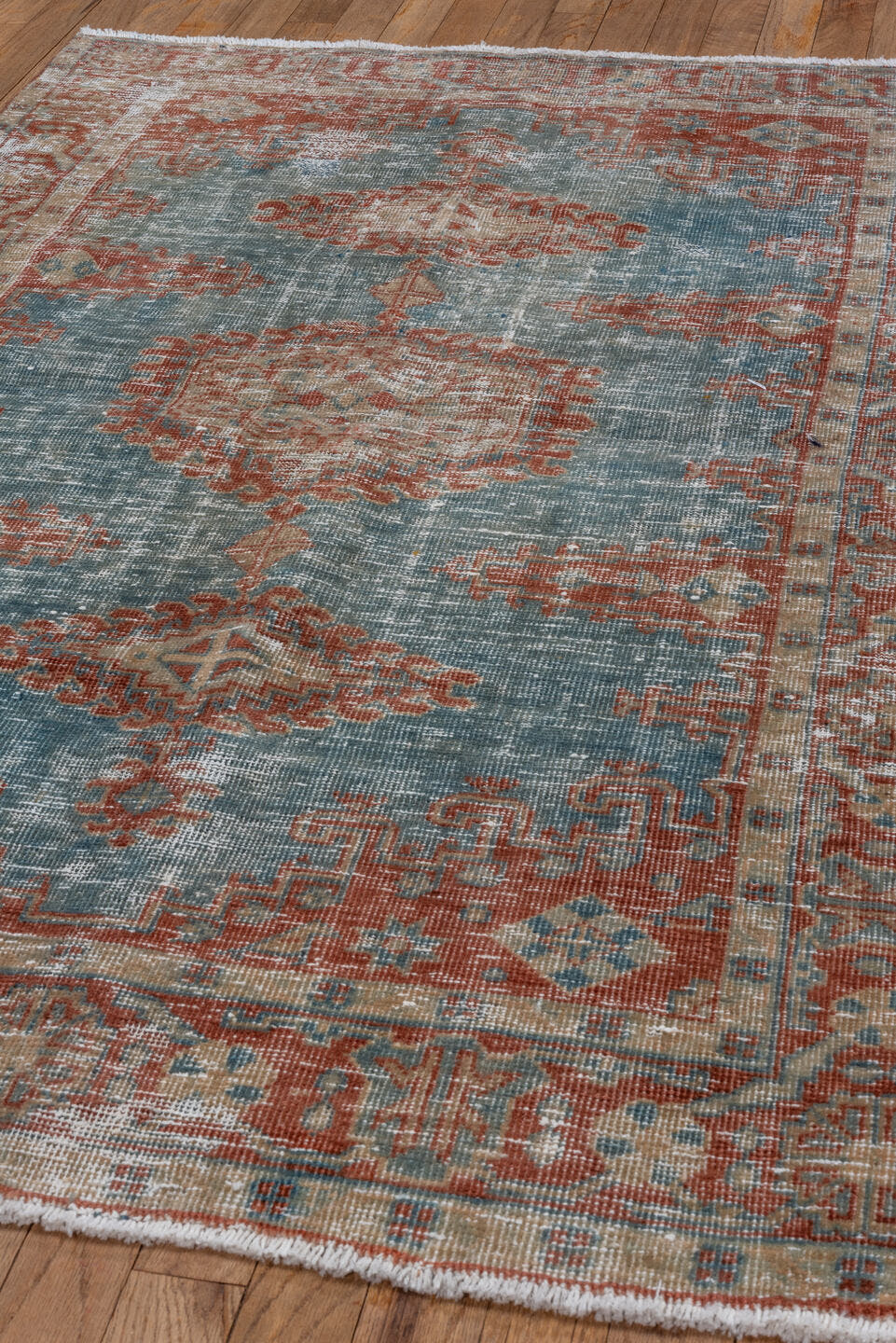 3' x 5' one-of-a-kind handmade vintage Veece small size rug. Color palette: light blue, rust, ivory, beige, pale gold