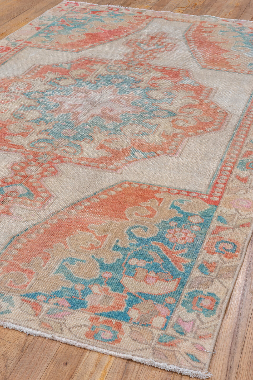4' x 7' one-of-a-kind handmade vintage Oushak rug. Color palette: ivory, coral, aqua, beige, blush, taupe, terracotta, teal