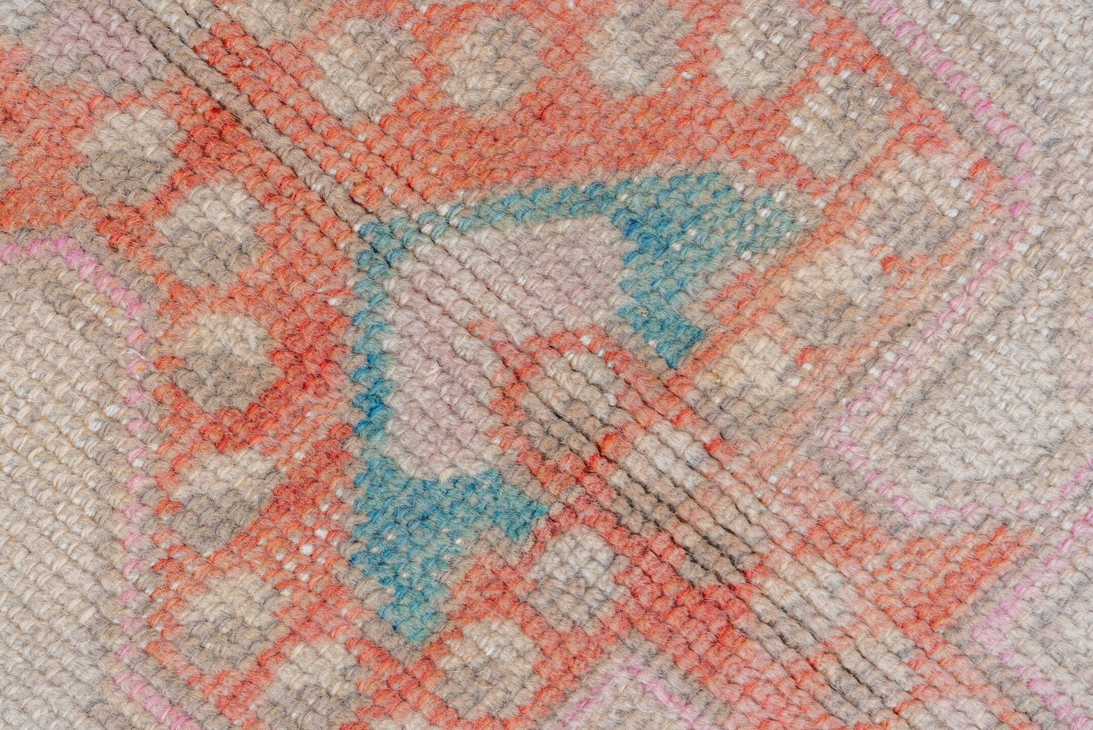 4' x 7' one-of-a-kind handmade vintage Oushak rug. Color palette: ivory, coral, aqua, beige, blush, taupe, terracotta, teal