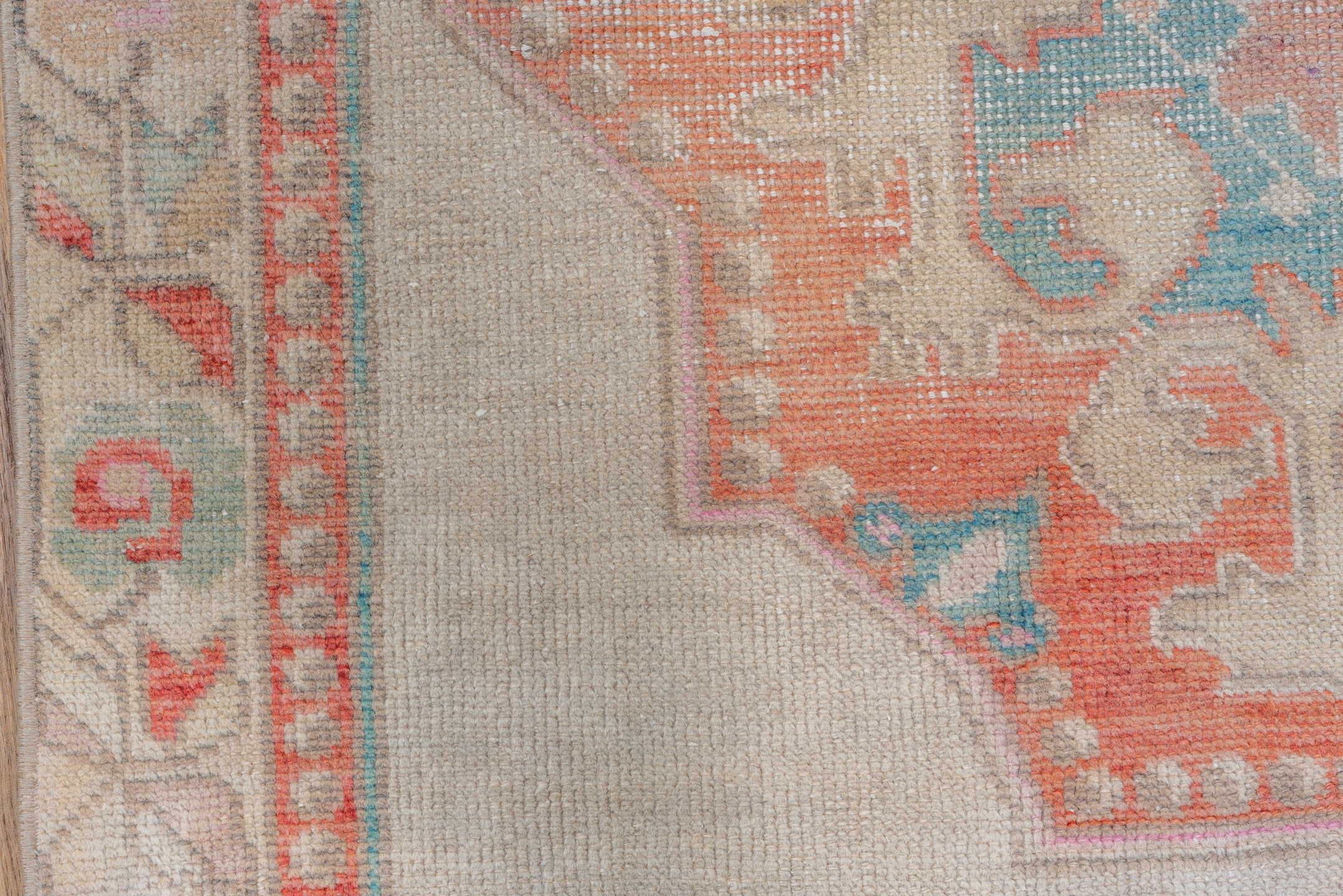 4' x 7' one-of-a-kind handmade vintage Oushak rug. Color palette: ivory, coral, aqua, beige, blush, taupe, terracotta, teal