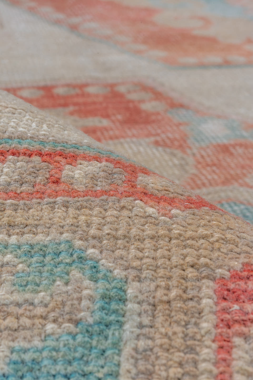 4' x 7' one-of-a-kind handmade vintage Oushak rug. Color palette: ivory, coral, aqua, beige, blush, taupe, terracotta, teal