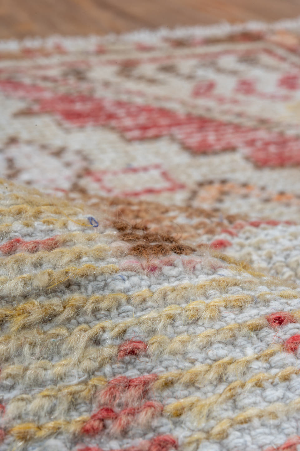 2' x 3' one-of-a-kind handmade vintage Oushak small size rug. Color palette: ivory, rose, rust, taupe, brown, gold, pink