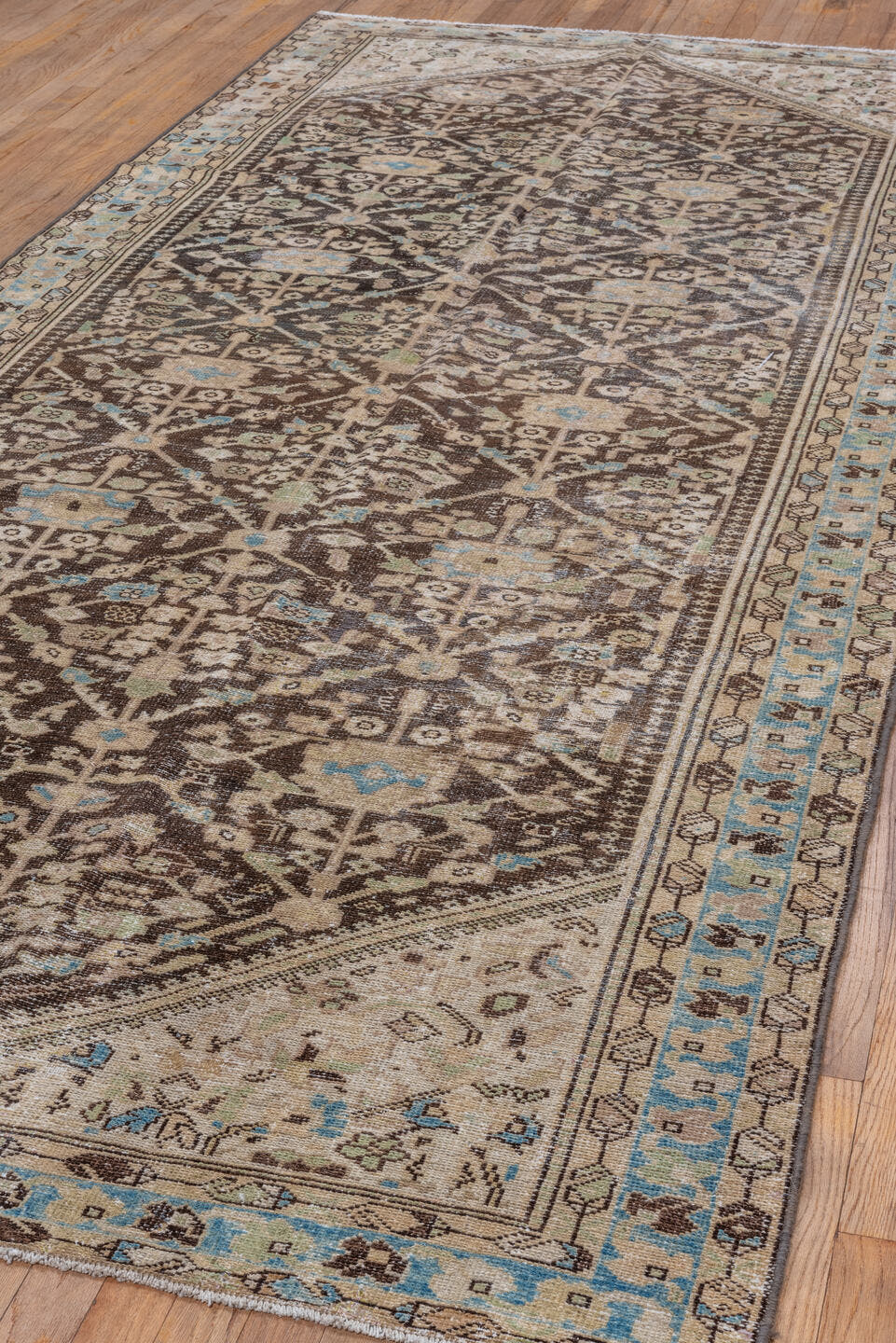4' x 11' one-of-a-kind handmade vintage Malayer runner rug. Color palette: brown, ivory, sky_blue, taupe, charcoal, beige