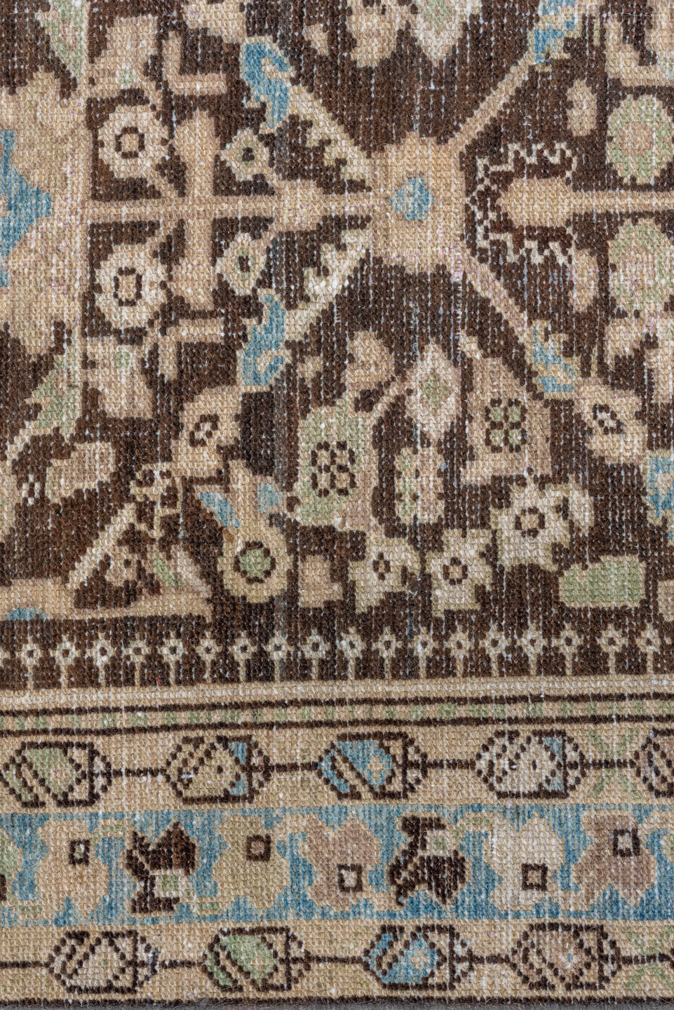 4' x 11' one-of-a-kind handmade vintage Malayer runner rug. Color palette: brown, ivory, sky_blue, taupe, charcoal, beige