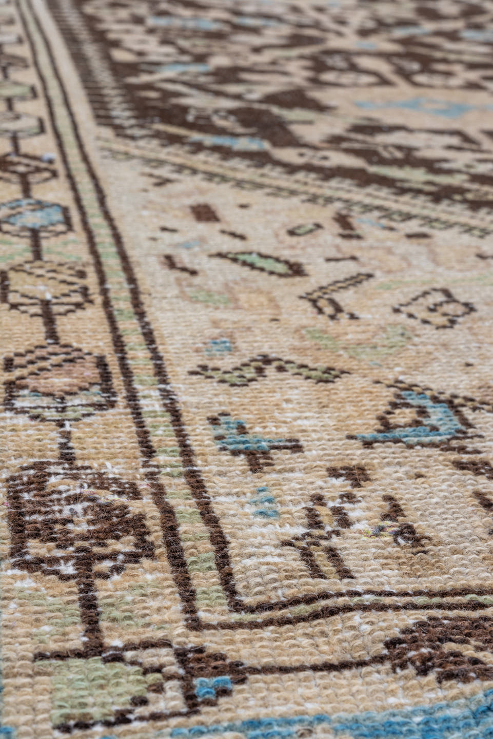 4' x 11' one-of-a-kind handmade vintage Malayer runner rug. Color palette: brown, ivory, sky_blue, taupe, charcoal, beige