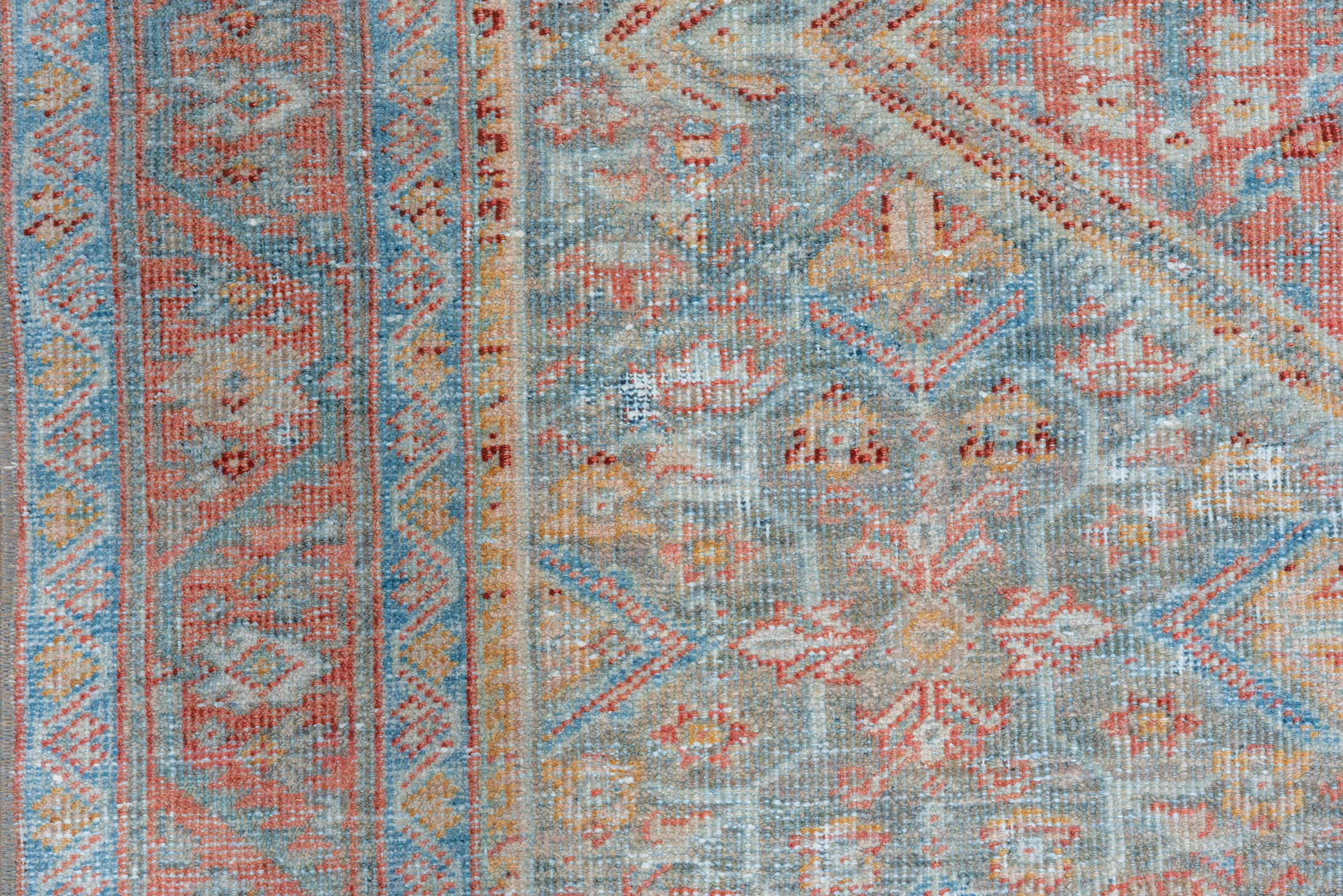 4' x 6' one-of-a-kind handmade vintage Mahal small size rug. Color palette: sky blue, coral, ivory, terra cotta, slate