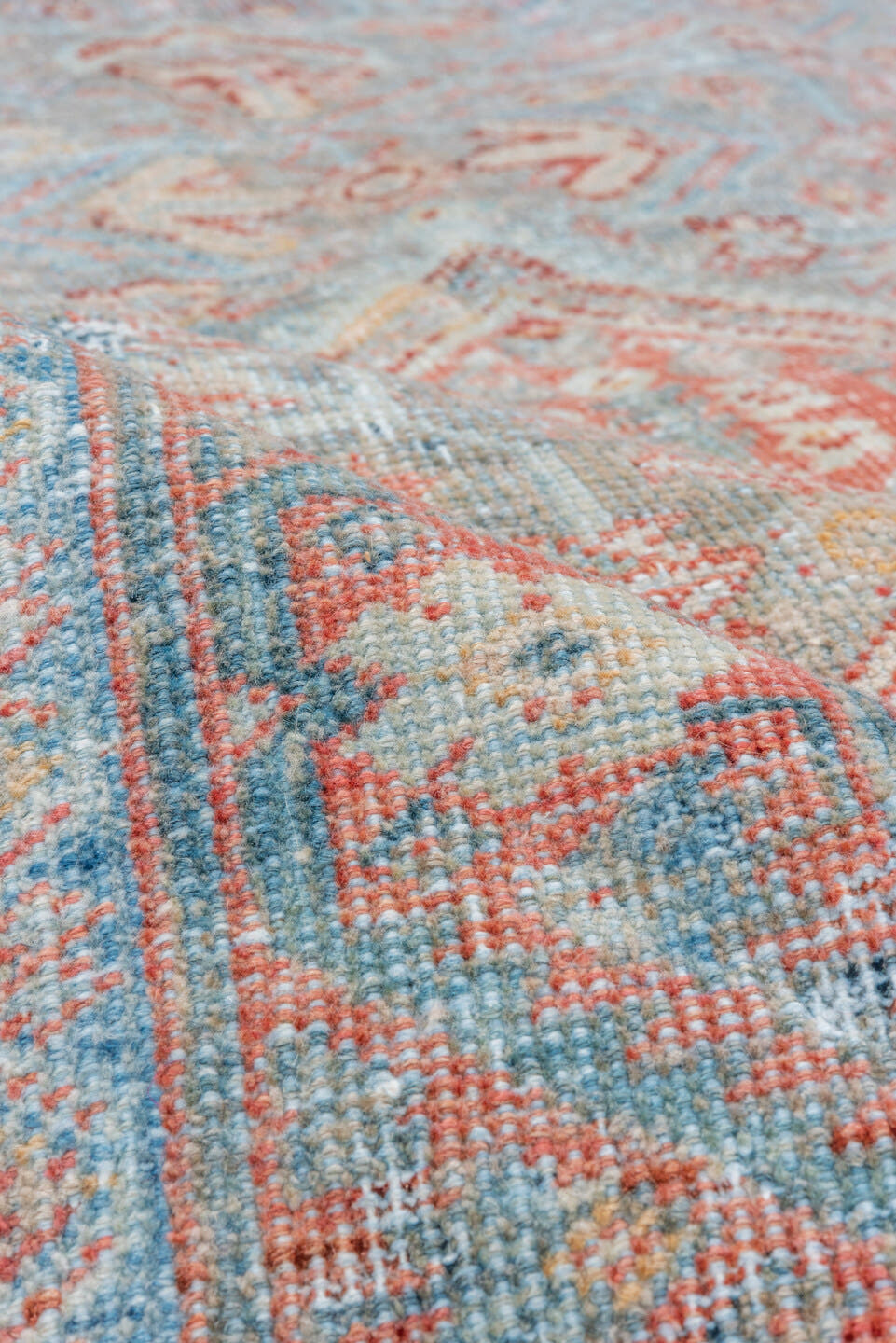 4' x 6' one-of-a-kind handmade vintage Mahal small size rug. Color palette: sky blue, coral, ivory, terra cotta, slate