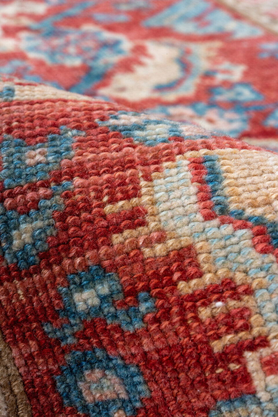 3' x 13' one-of-a-kind handmade vintage Bidjar runner rug. Color palette: blue, brown, gray, pink, red