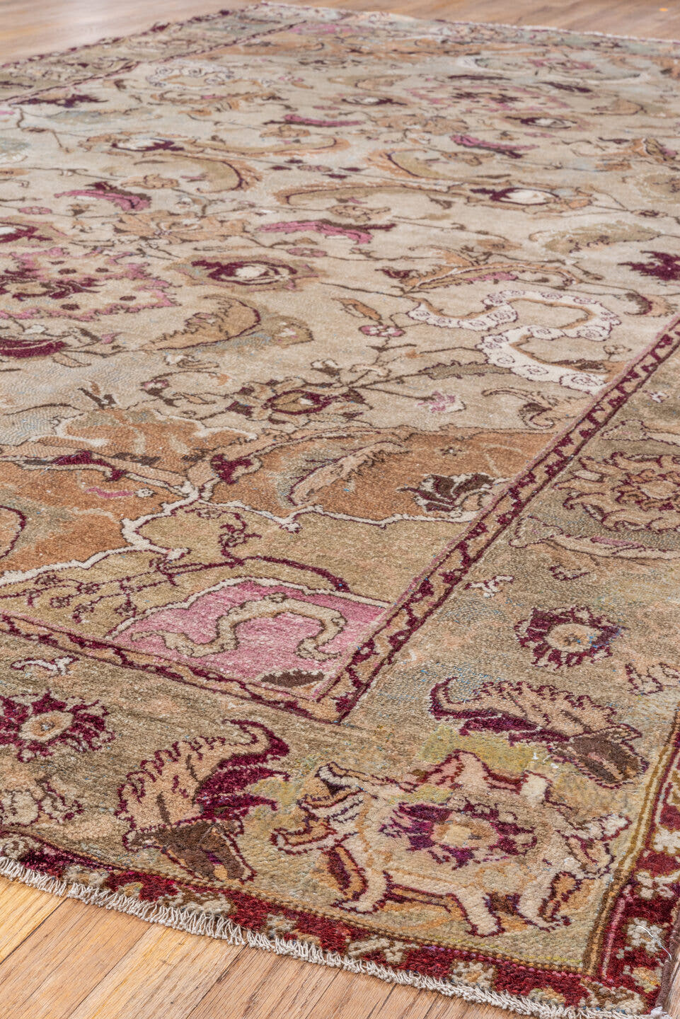 6' x 12' one-of-a-kind handmade vintage Agra large size rug. Color palette: ivory, beige, taupe, rose, burgundy, camel, sage