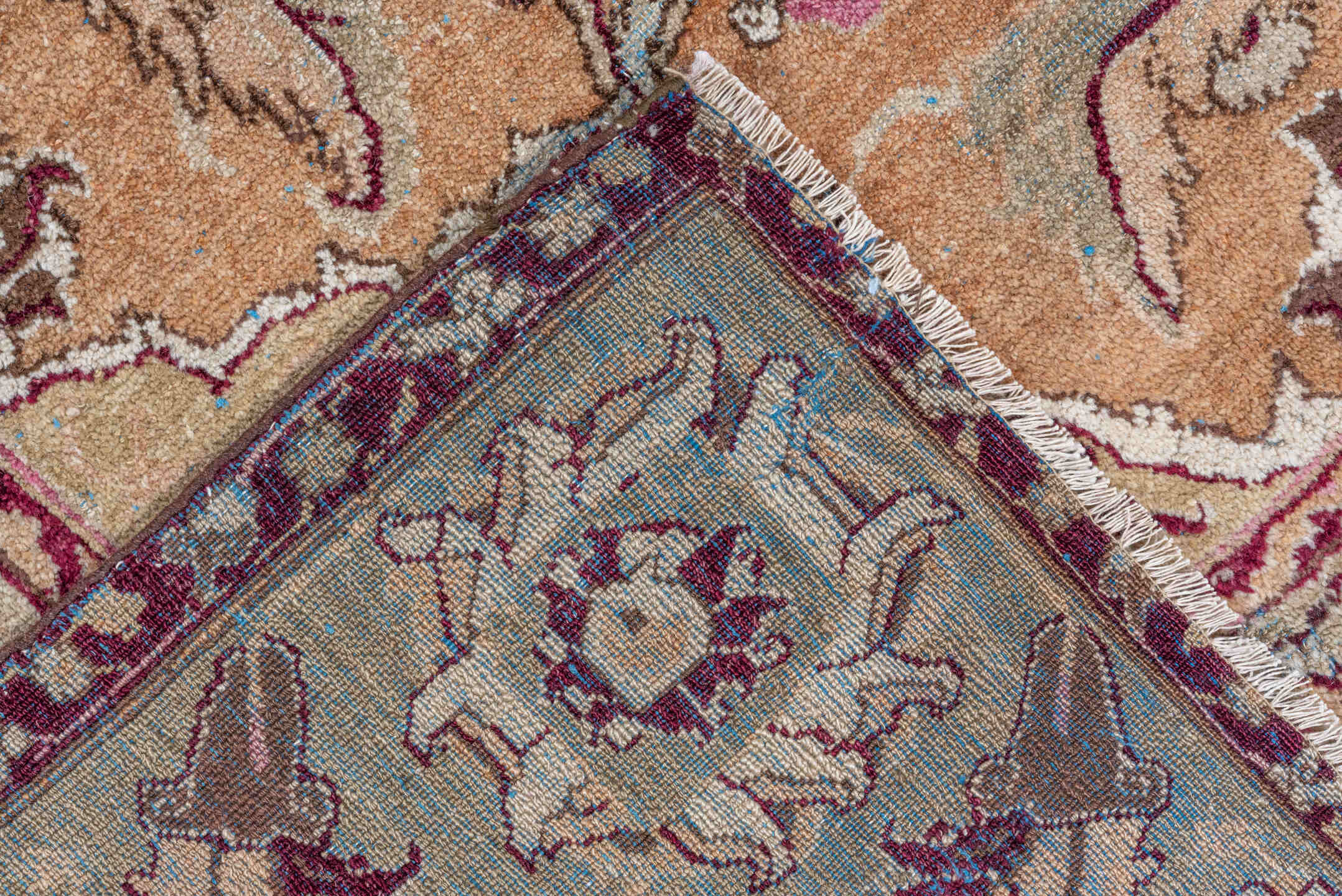6' x 12' one-of-a-kind handmade vintage Agra large size rug. Color palette: ivory, beige, taupe, rose, burgundy, camel, sage