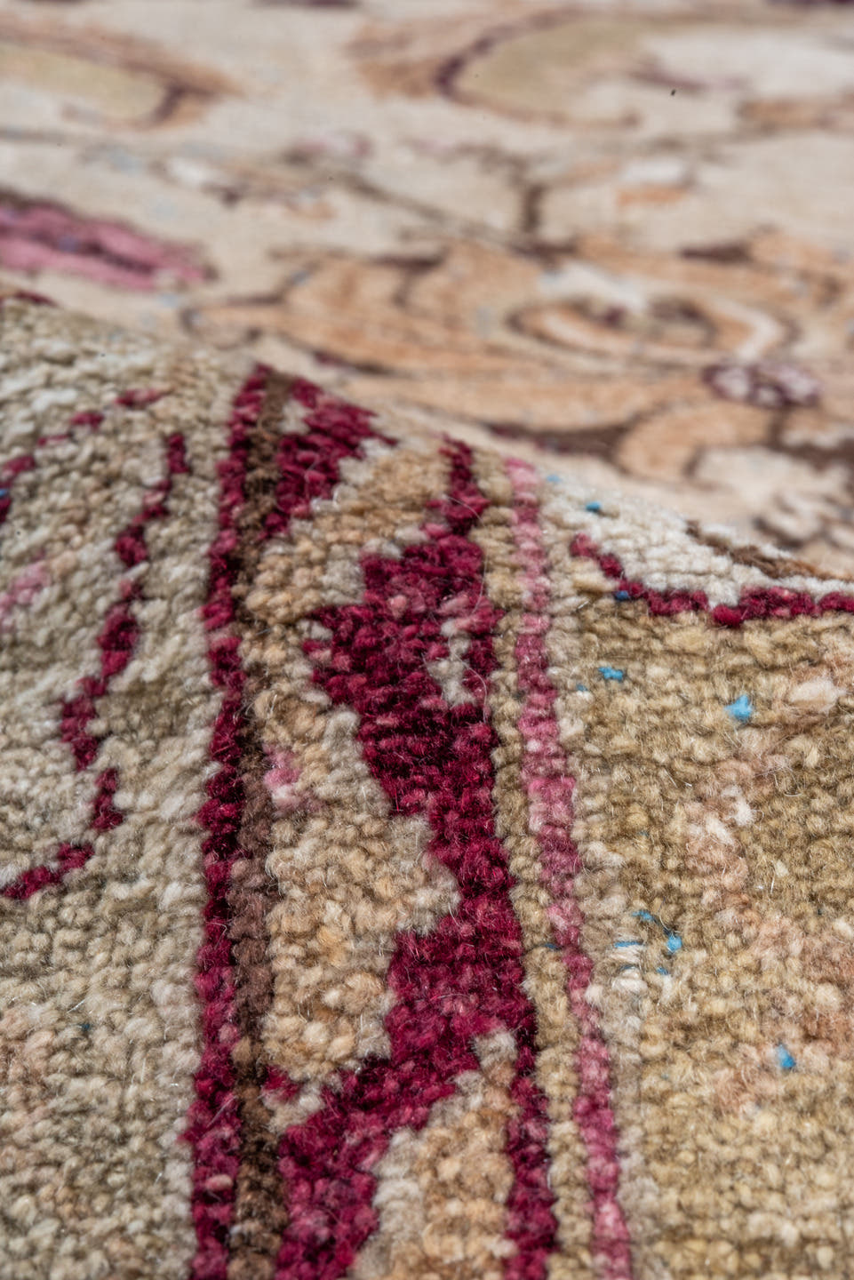 6' x 12' one-of-a-kind handmade vintage Agra large size rug. Color palette: ivory, beige, taupe, rose, burgundy, camel, sage