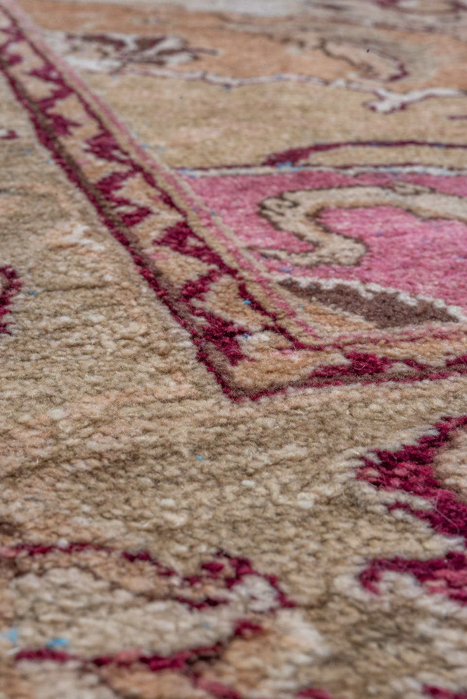 6' x 12' one-of-a-kind handmade vintage Agra large size rug. Color palette: ivory, beige, taupe, rose, burgundy, camel, sage