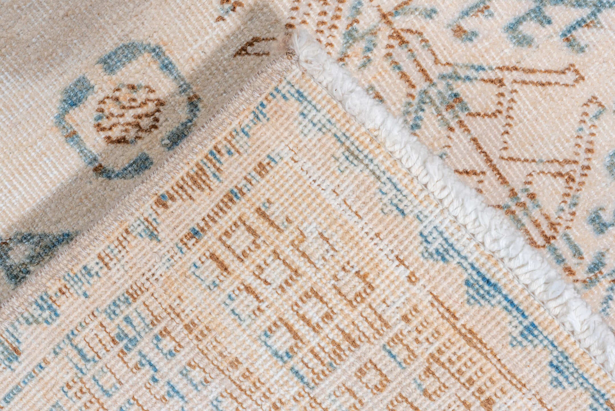 2' x 14' one-of-a-kind handmade vintage Sarab runner rug. Color palette: ivory, sky_blue, camel, taupe, light_blue