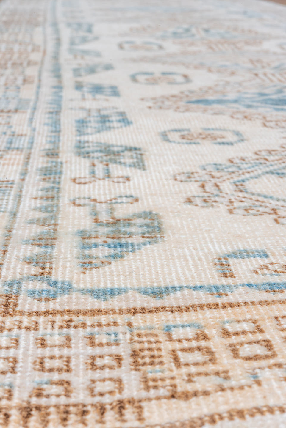 2' x 14' one-of-a-kind handmade vintage Sarab runner rug. Color palette: ivory, sky_blue, camel, taupe, light_blue