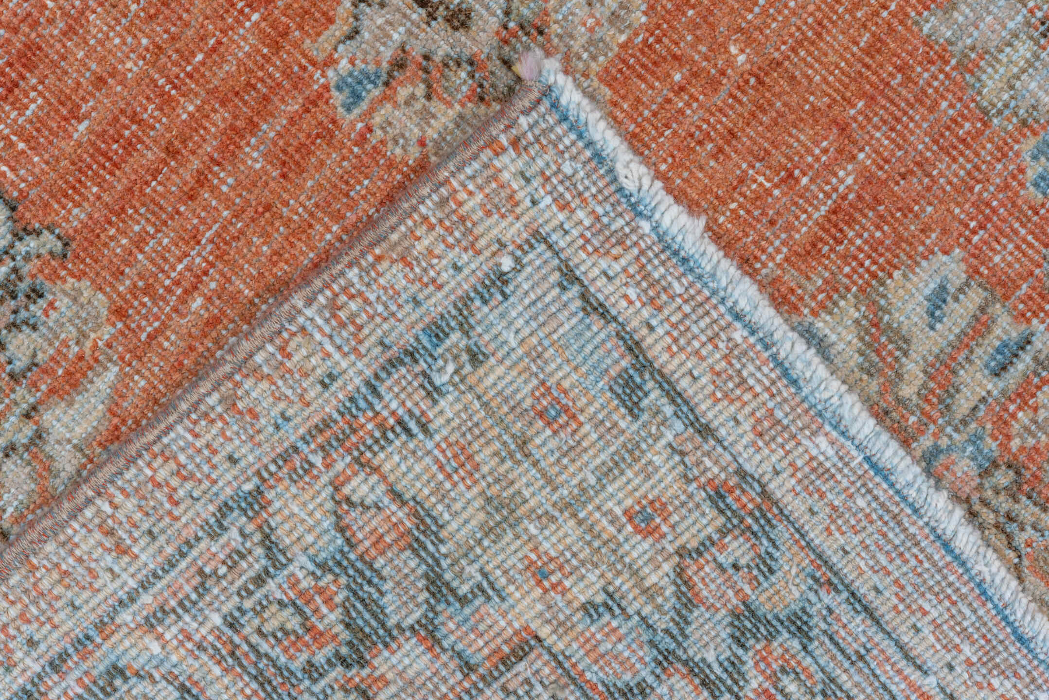 4' x 6' one-of-a-kind handmade vintage Mahal small size rug. Color palette: terra cotta, ivory, sky blue, charcoal, taupe