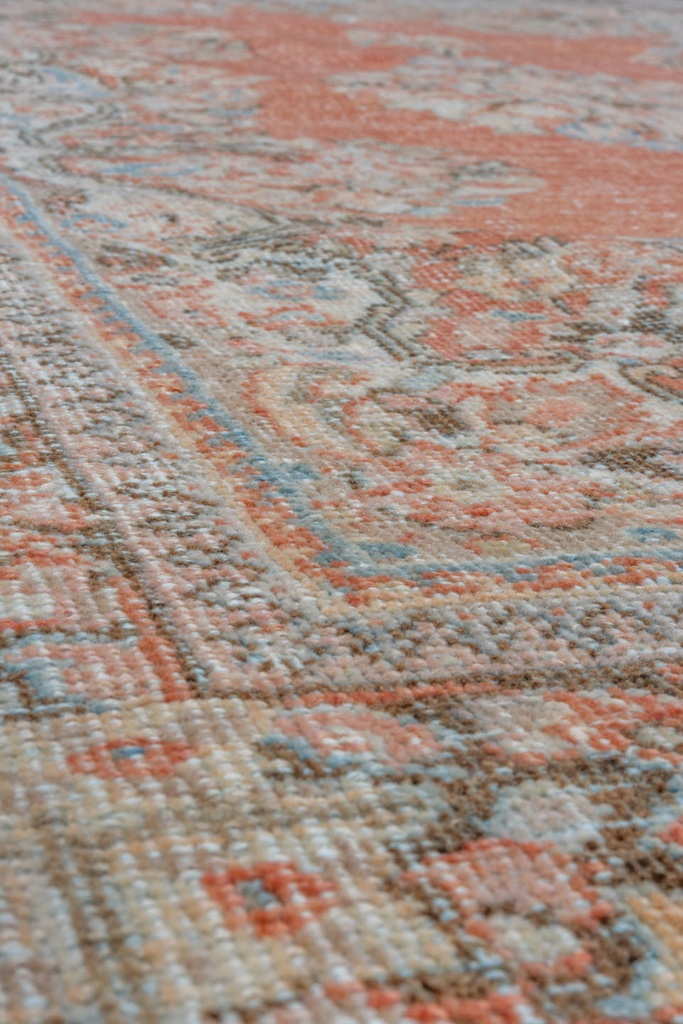 4' x 6' one-of-a-kind handmade vintage Mahal small size rug. Color palette: terra cotta, ivory, sky blue, charcoal, taupe