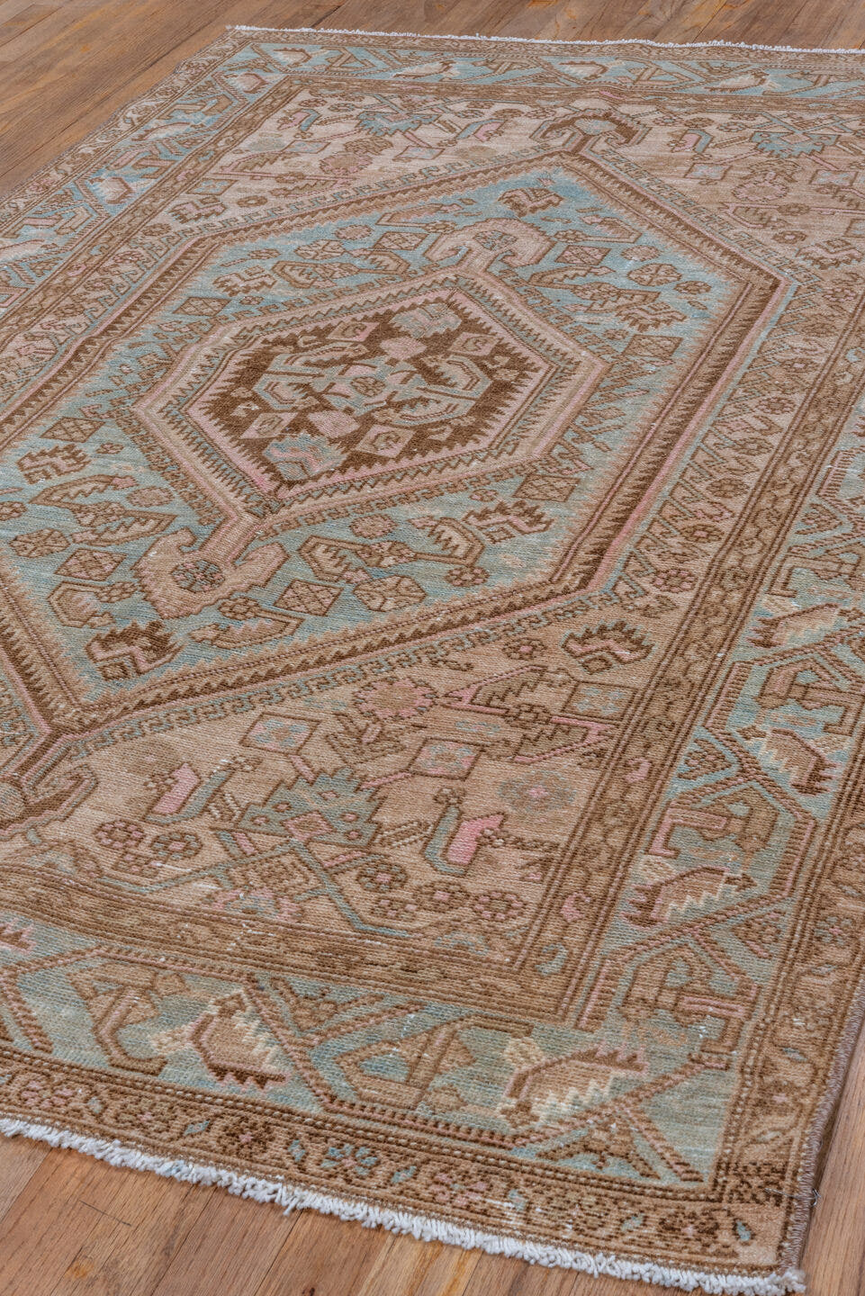 4' x 6' one-of-a-kind handmade vintage Malayer small size rug. Color palette: ivory, camel, sky blue, taupe, brown, blush