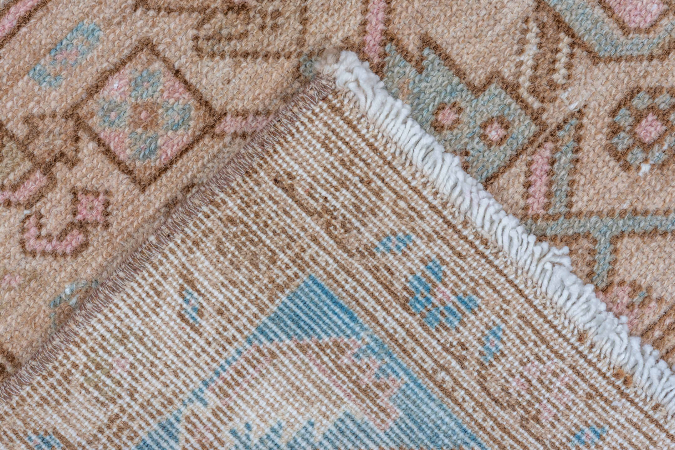 4' x 6' one-of-a-kind handmade vintage Malayer small size rug. Color palette: ivory, camel, sky blue, taupe, brown, blush