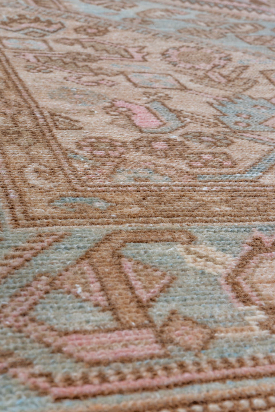 4' x 6' one-of-a-kind handmade vintage Malayer small size rug. Color palette: ivory, camel, sky blue, taupe, brown, blush