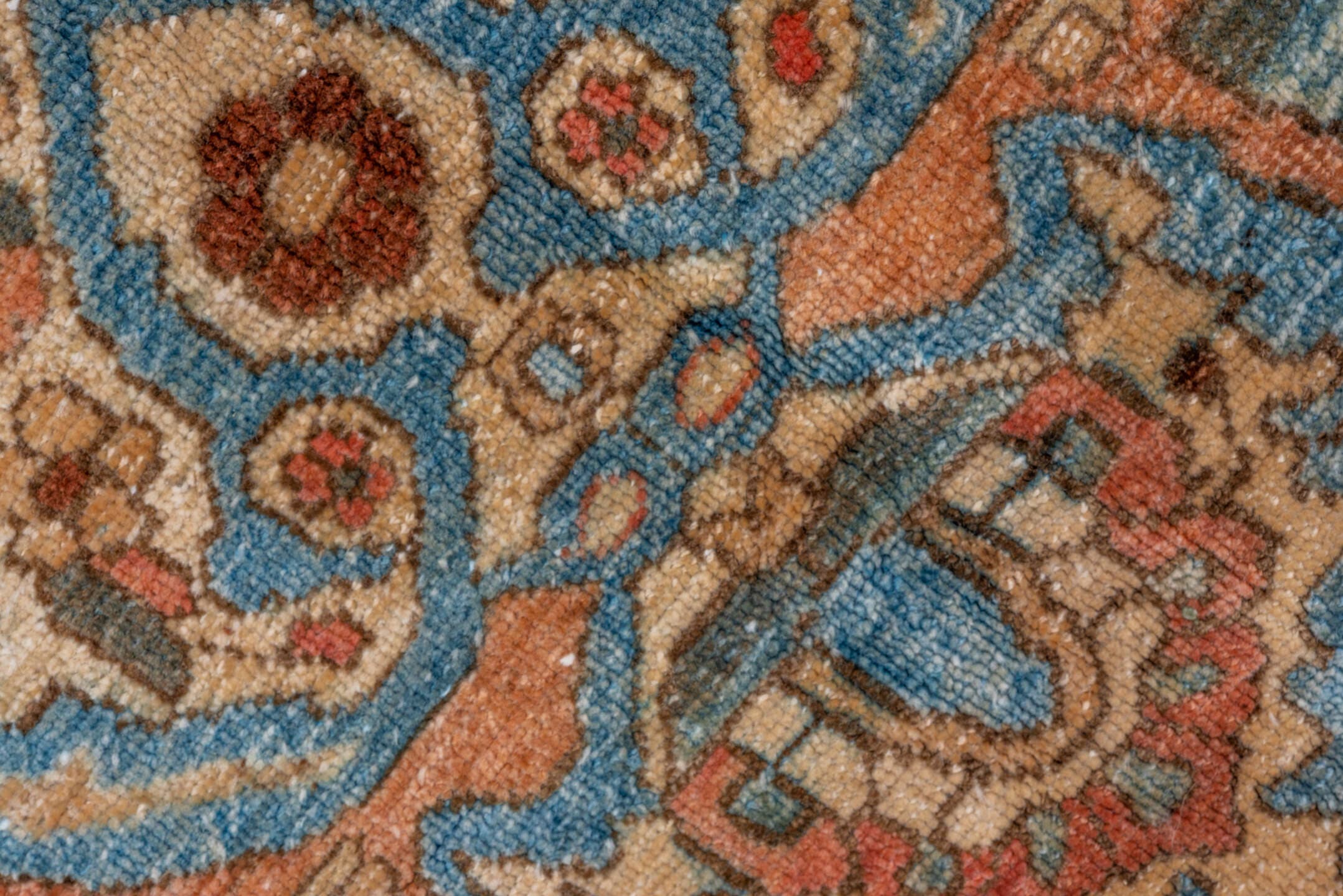 7' x 9' one-of-a-kind handmade vintage Baktiary rug. Color palette: terra cotta, sky blue, ivory, brown, camel, slate