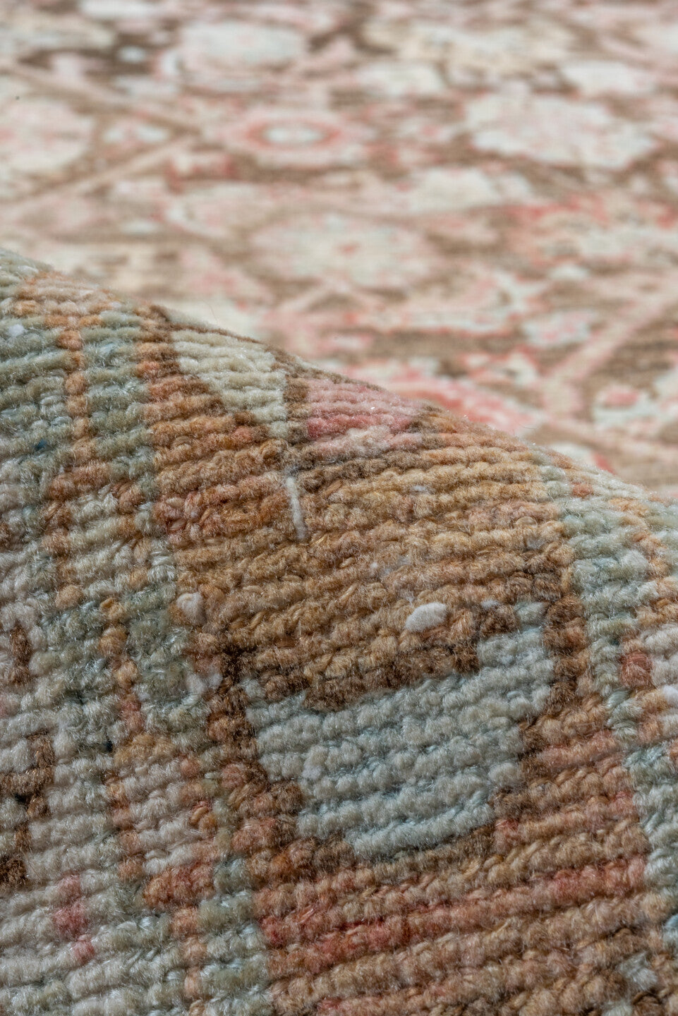 3' x 13' one-of-a-kind handmade vintage Malayer runner rug. Color palette: brown, gray, light gray, off-white, orange, pink