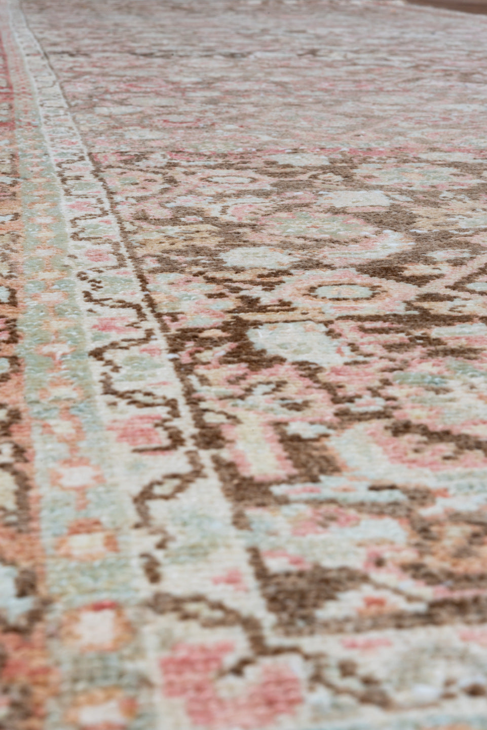 3' x 13' one-of-a-kind handmade vintage Malayer runner rug. Color palette: brown, gray, light gray, off-white, orange, pink
