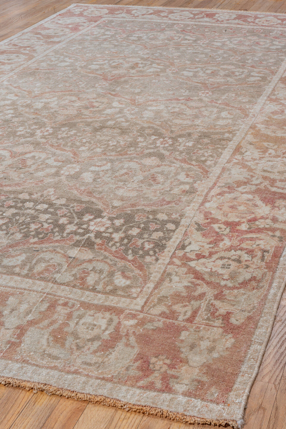 6' x 11' one-of-a-kind handmade vintage Oushak large size rug. Color palette: rose, taupe, ivory, blush, sage, terra cotta