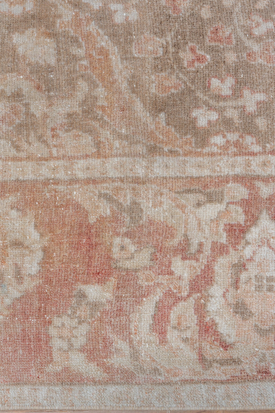 6' x 11' one-of-a-kind handmade vintage Oushak large size rug. Color palette: rose, taupe, ivory, blush, sage, terra cotta