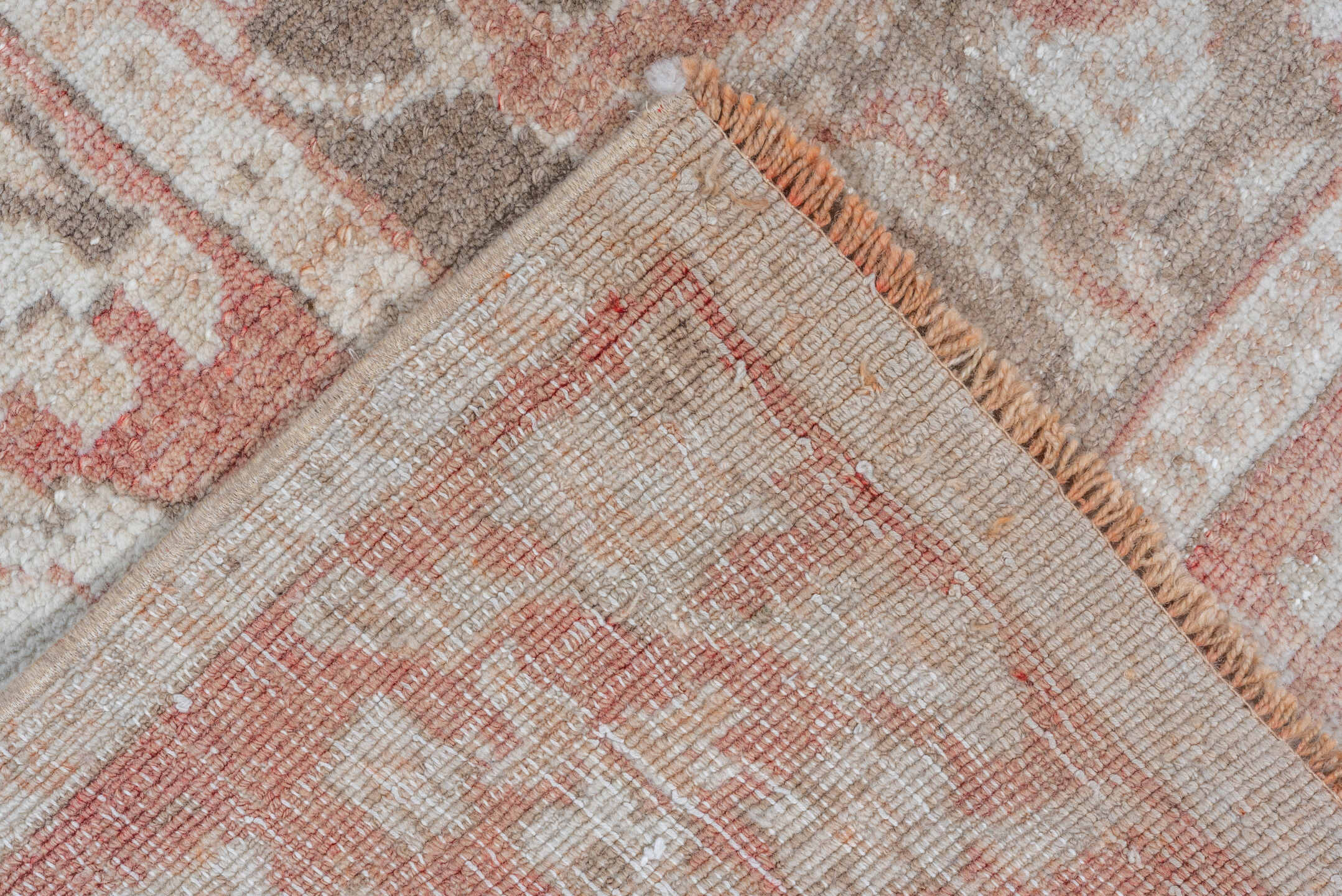 6' x 11' one-of-a-kind handmade vintage Oushak large size rug. Color palette: rose, taupe, ivory, blush, sage, terra cotta