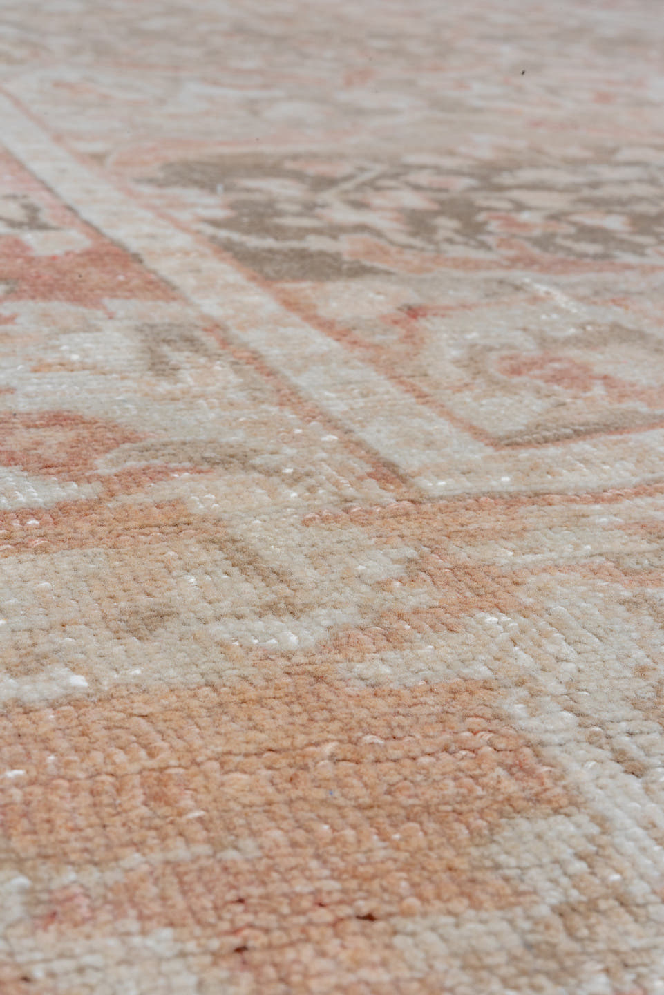 6' x 11' one-of-a-kind handmade vintage Oushak large size rug. Color palette: rose, taupe, ivory, blush, sage, terra cotta