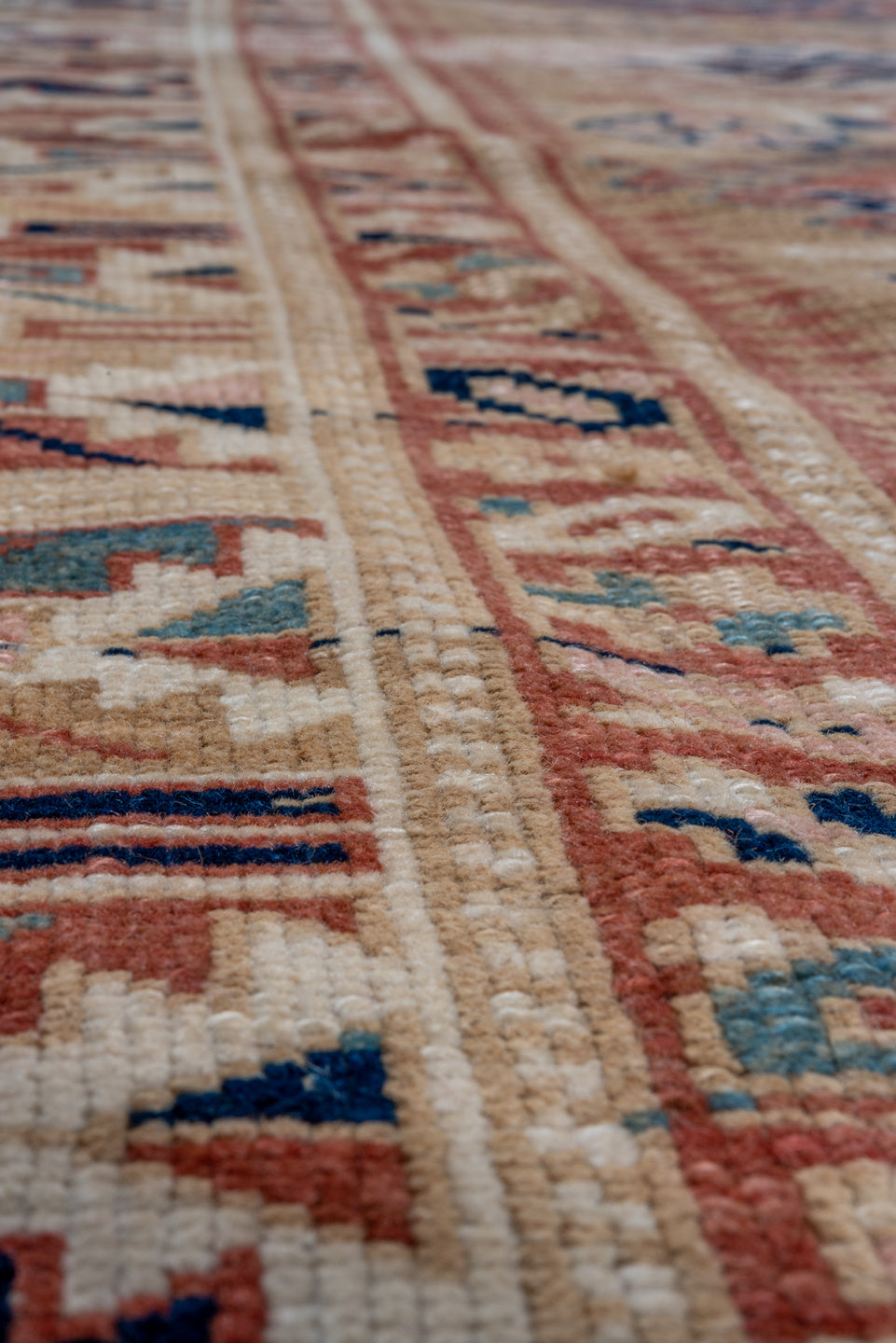 3' x 15' one-of-a-kind handmade vintage Sarab runner rug. Color palette: blue, brown, dim gray, gray, light gray, off-white