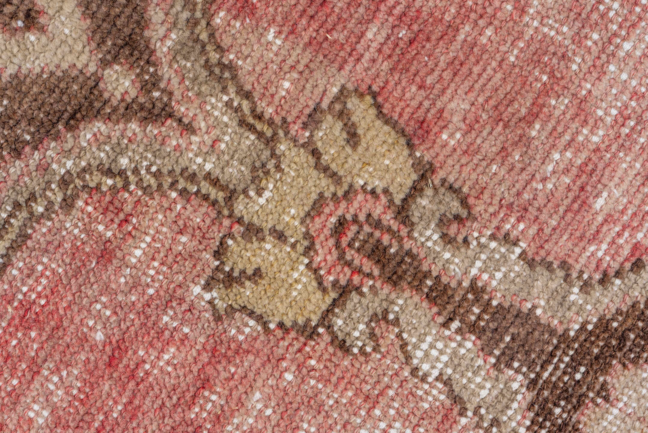 7' x 12' one-of-a-kind handmade vintage Oushak large size rug. Color palette: brown, gray, light gray, off-white, pink