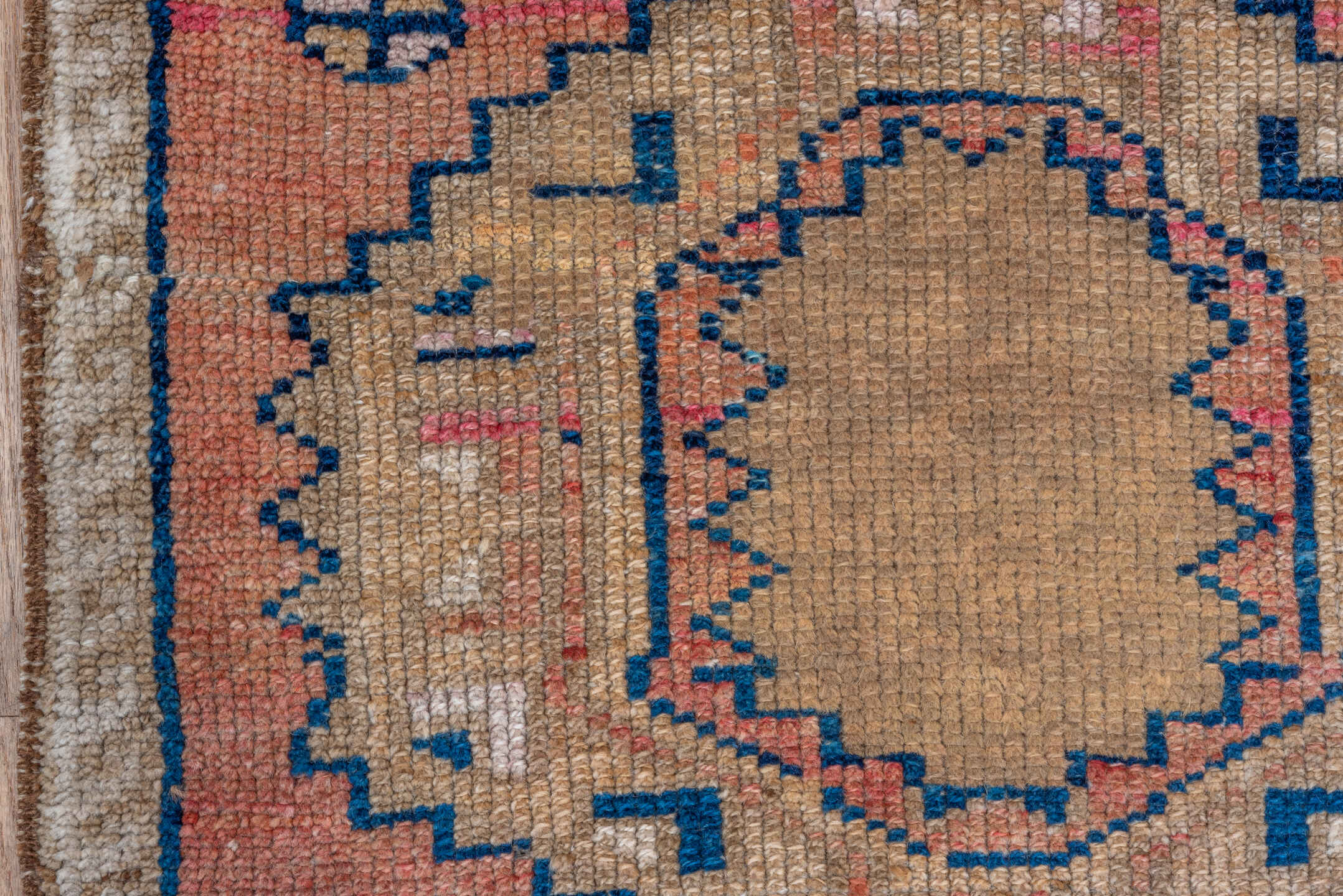 4' x 4' one-of-a-kind handmade antique Kars small size rug. Color palette: coral, camel, navy, ivory, rose, taupe, crimson