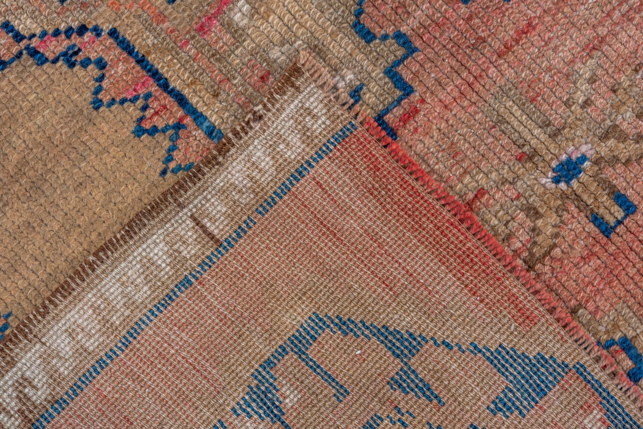 4' x 4' one-of-a-kind handmade antique Kars small size rug. Color palette: coral, camel, navy, ivory, rose, taupe, crimson