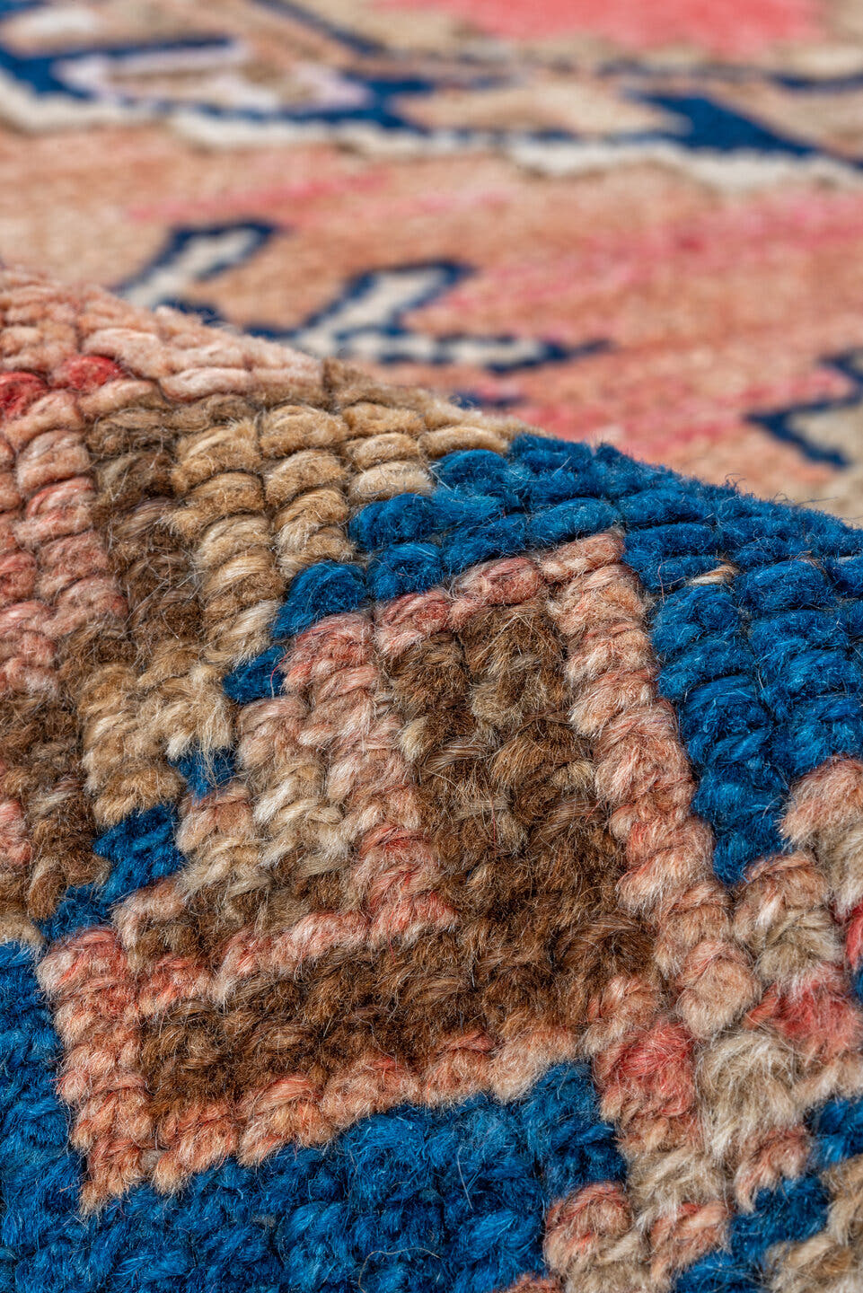 4' x 4' one-of-a-kind handmade antique Kars small size rug. Color palette: coral, camel, navy, ivory, rose, taupe, crimson