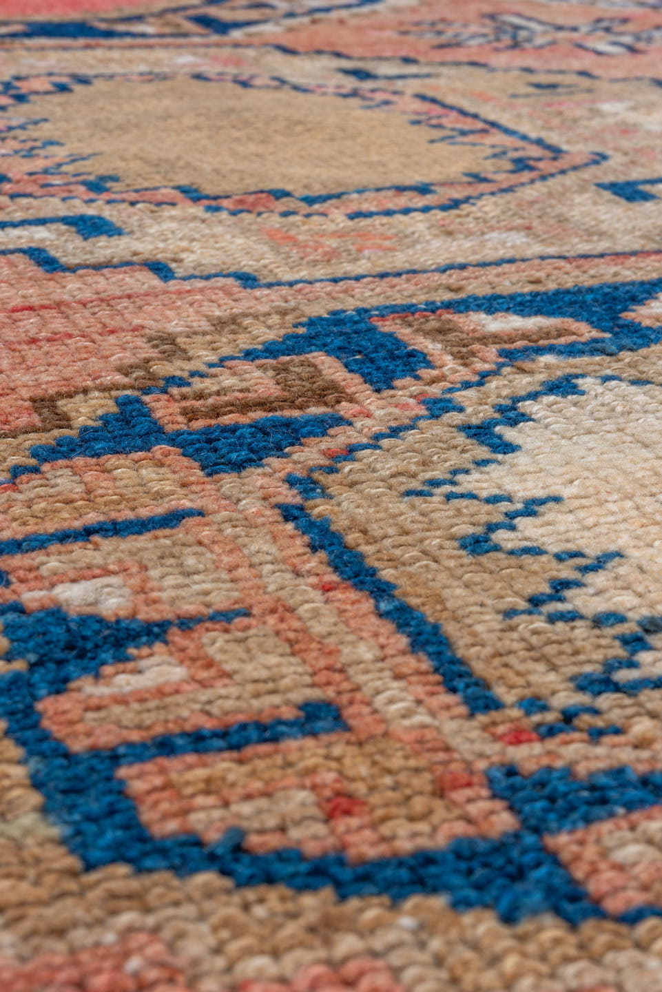 4' x 4' one-of-a-kind handmade antique Kars small size rug. Color palette: coral, camel, navy, ivory, rose, taupe, crimson