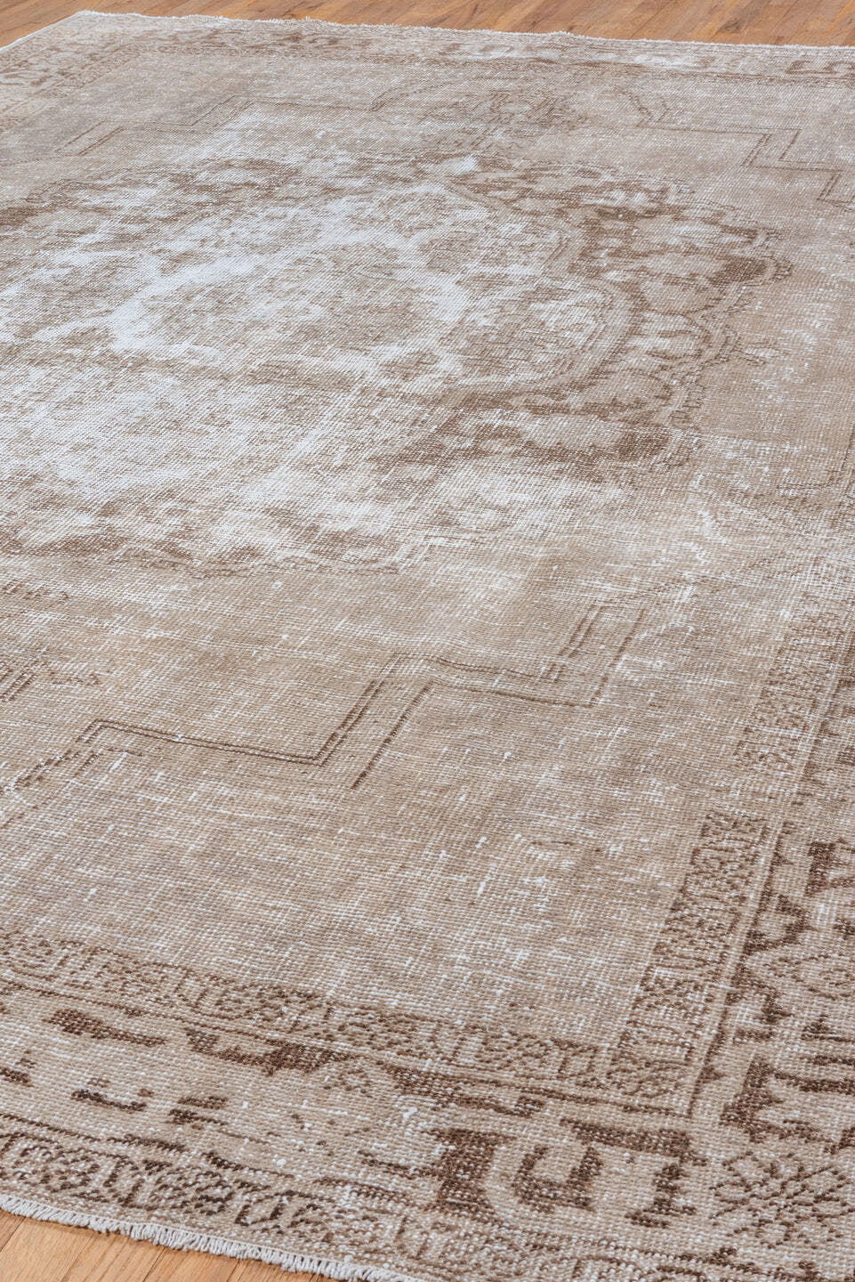 8' x 11' one-of-a-kind handmade vintage Oushak large size rug. Color palette: ivory, taupe, beige, camel, sand, light brown