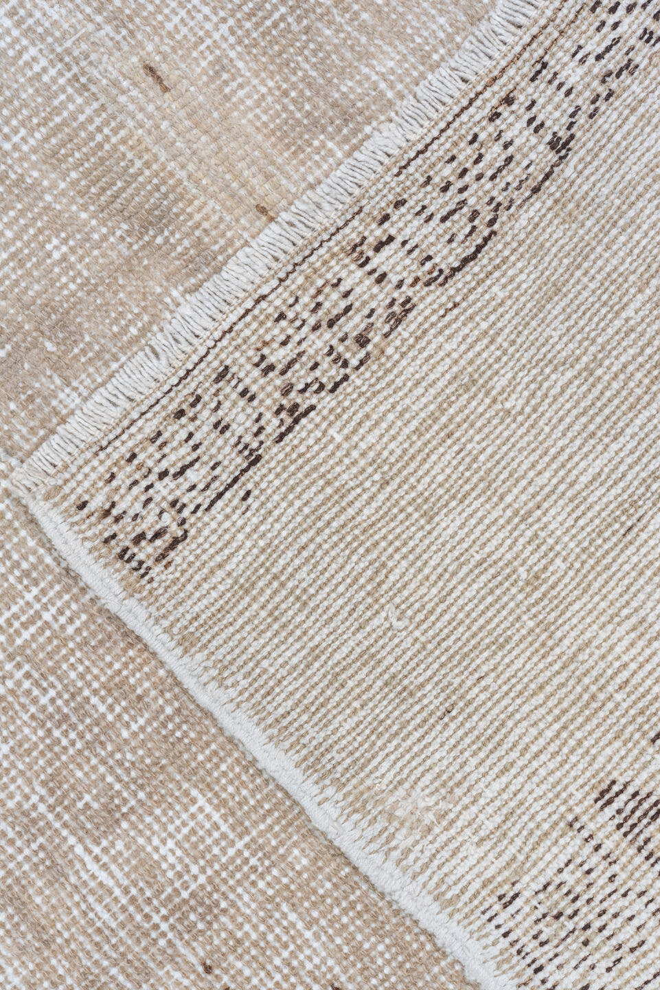 8' x 11' one-of-a-kind handmade vintage Oushak large size rug. Color palette: ivory, taupe, beige, camel, sand, light brown