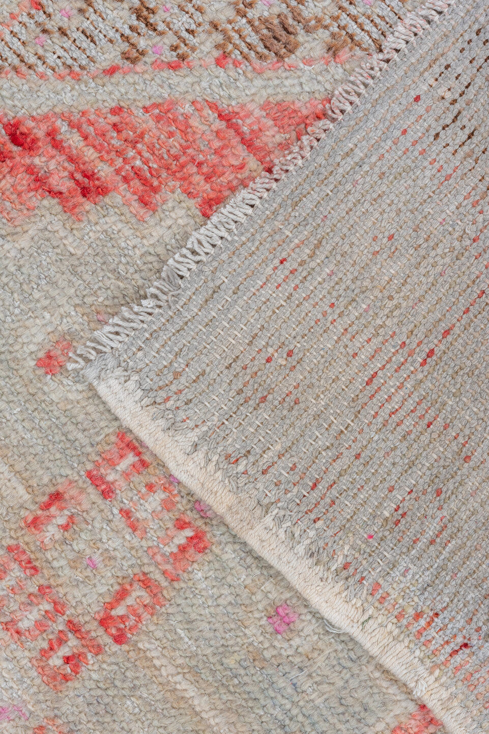 2' x 8' one-of-a-kind handmade vintage Oushak runner rug. Color palette: ivory, coral, rose, taupe, camel, beige, terracotta