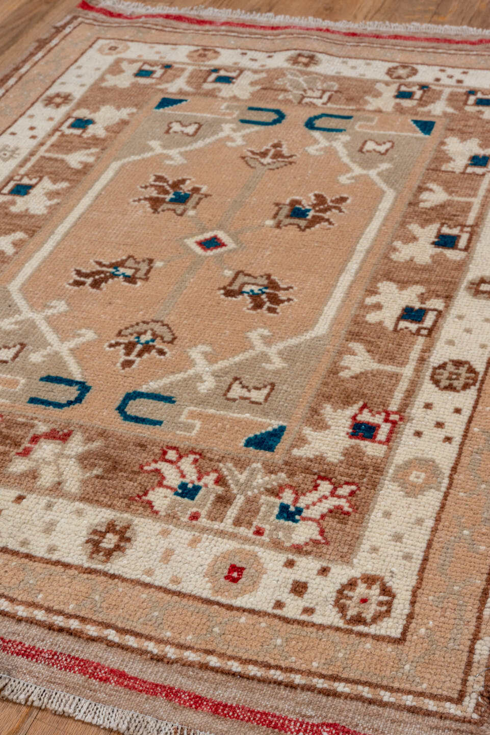 2' x 3' one-of-a-kind handmade vintage Oushak small size rug. Color palette: beige, ivory, taupe, camel, sky_blue, coral