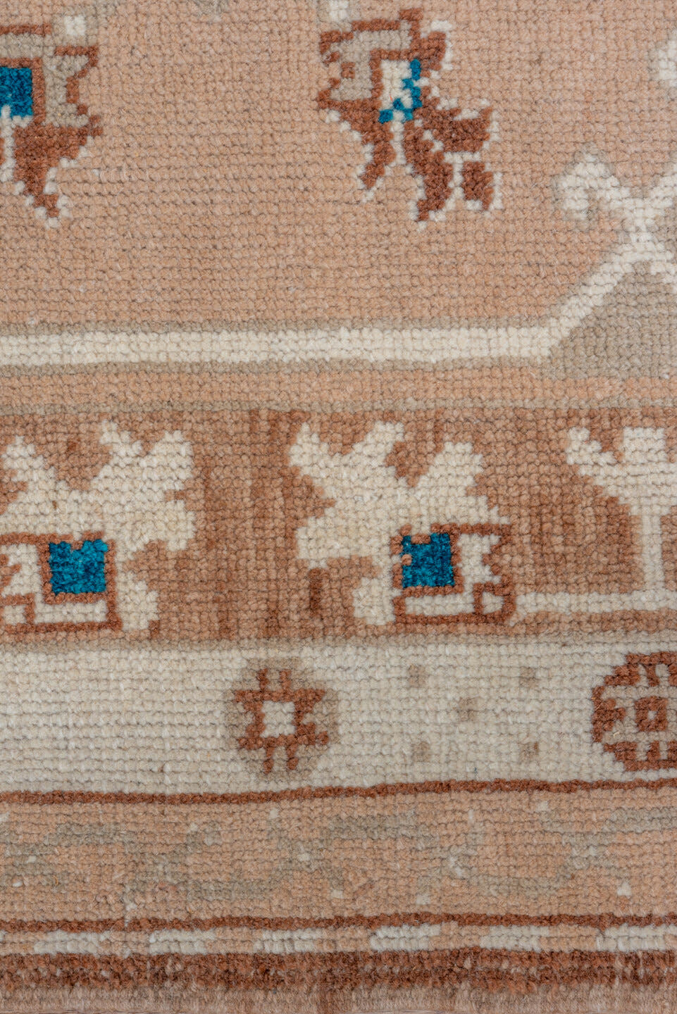 2' x 3' one-of-a-kind handmade vintage Oushak small size rug. Color palette: beige, ivory, taupe, camel, sky_blue, coral