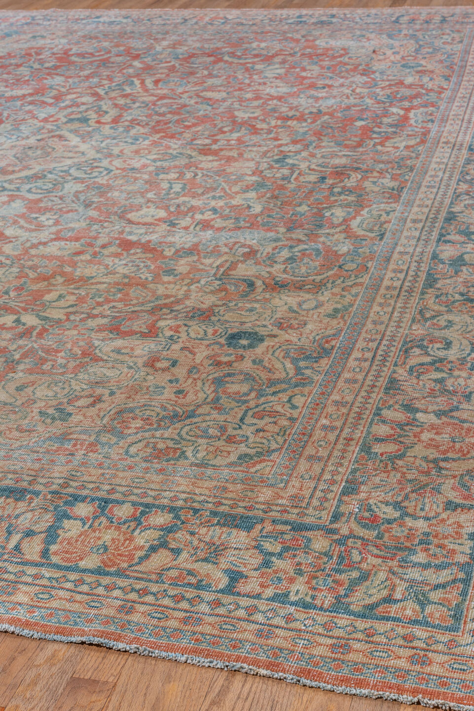 10' x 13' one-of-a-kind handmade vintage Mahal large size rug. Color palette: blue, brown, dark gray, gray, light gray