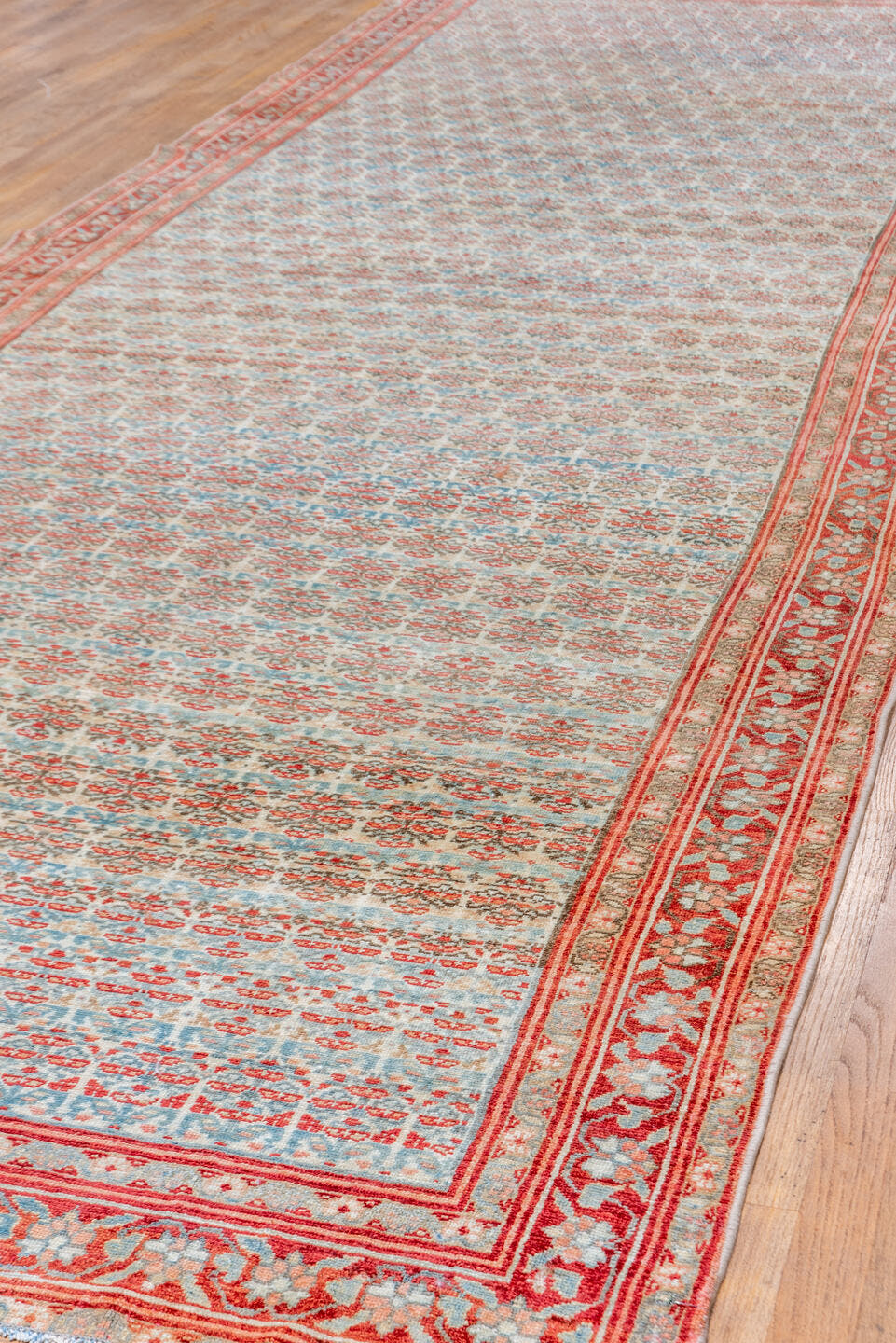 5' x 15' one-of-a-kind handmade vintage Malayer rug. Color palette: ivory, rust, sky_blue, coral, slate, rose, terracotta