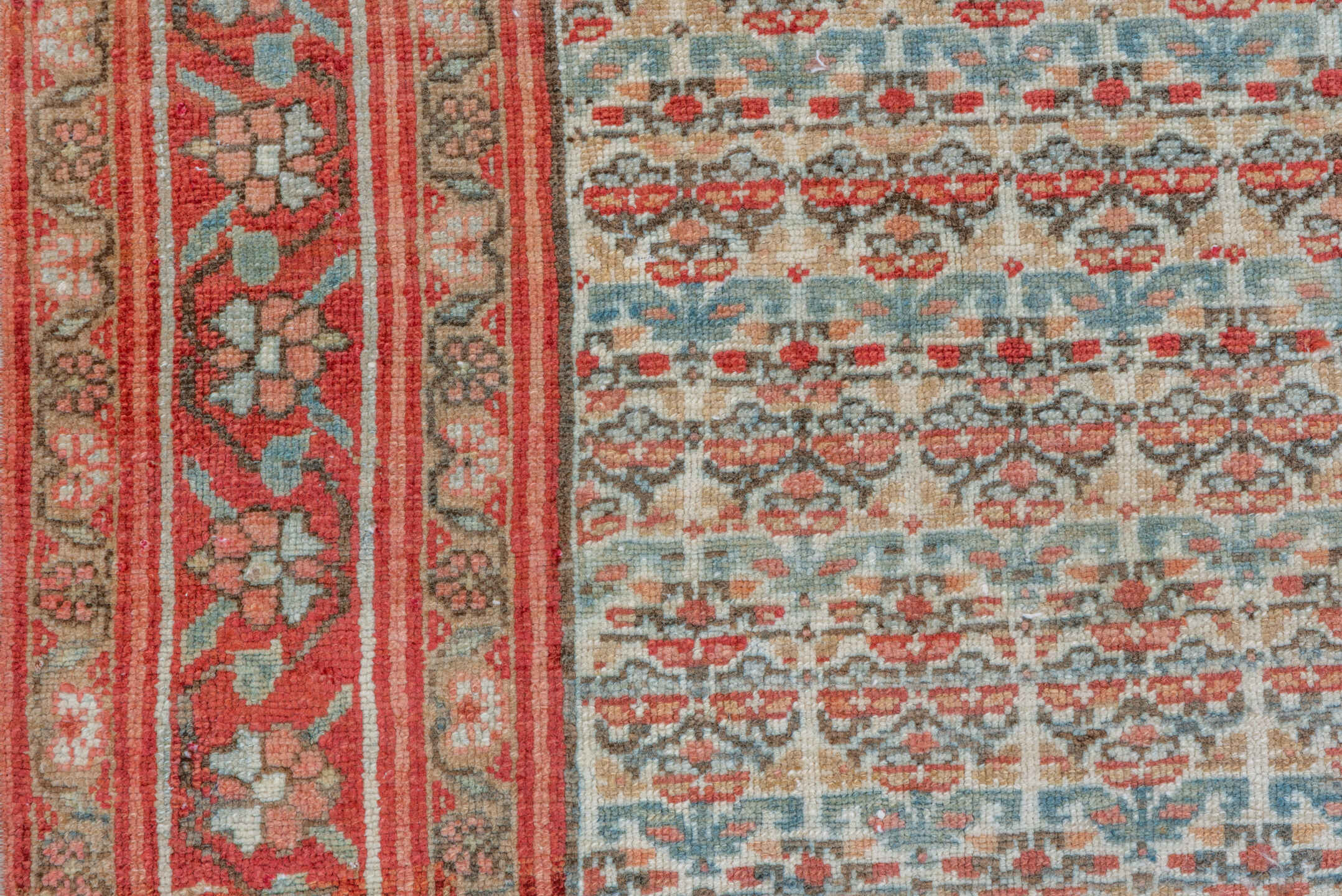 5' x 15' one-of-a-kind handmade vintage Malayer rug. Color palette: ivory, rust, sky_blue, coral, slate, rose, terracotta